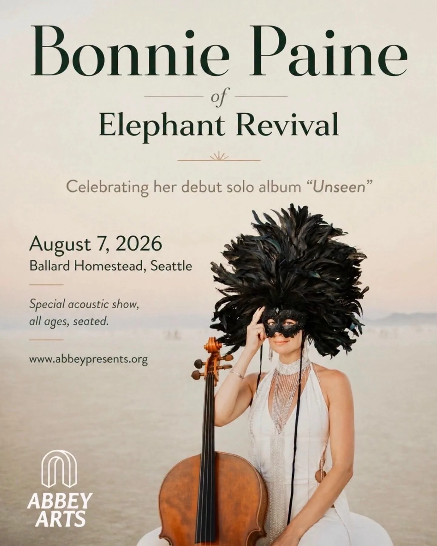Bonnie Paine of Elephant Revival Unseen album acoustic show poster, August 7, 2026, Ballard Homestead Seattle, presented by Abbey Arts