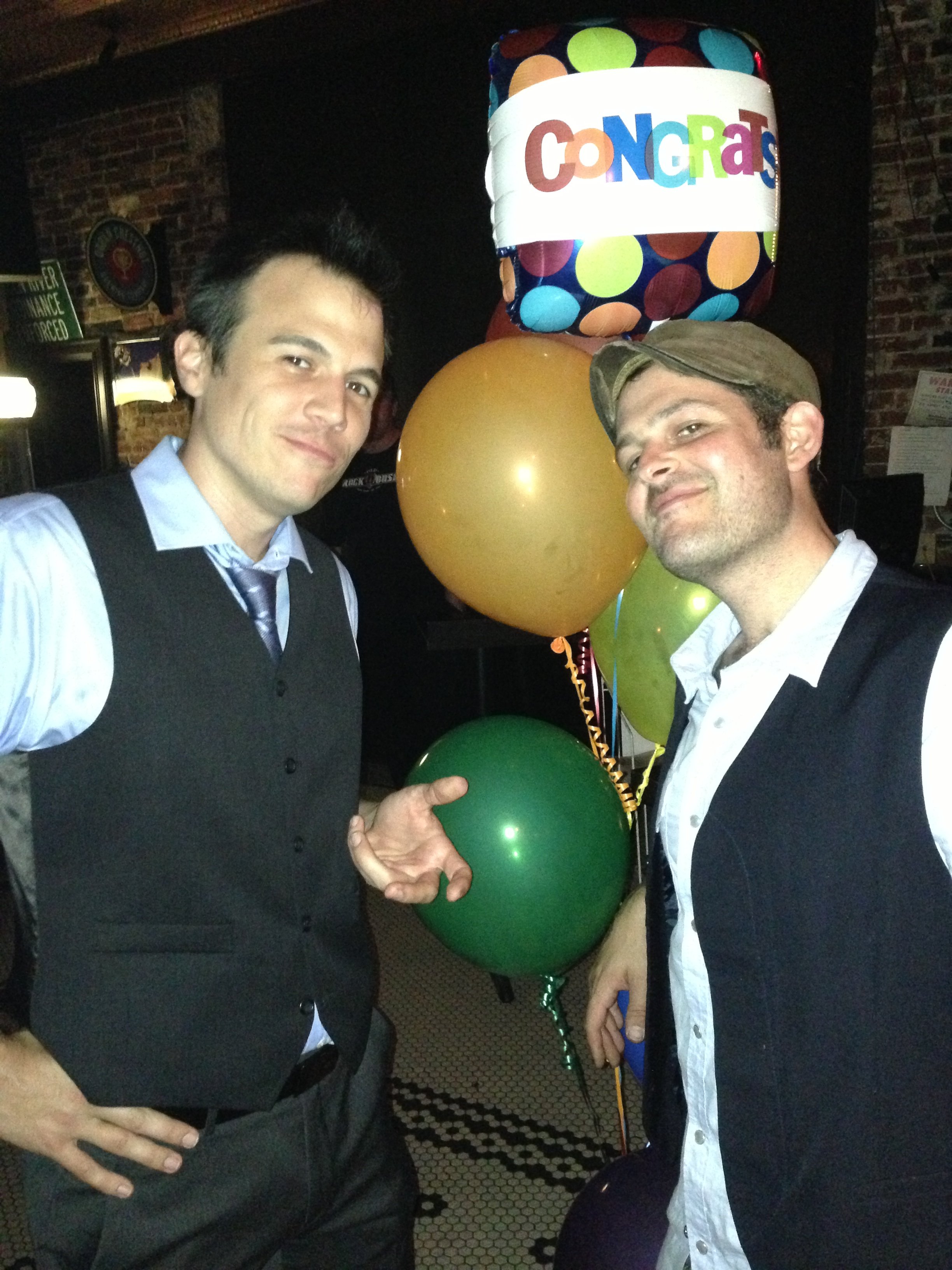 Geoffrey Louis Koch and Gregory Alan Isakov with balloons celebrating The Weatherman release, Old Rock House, St. Louis, Missouri.