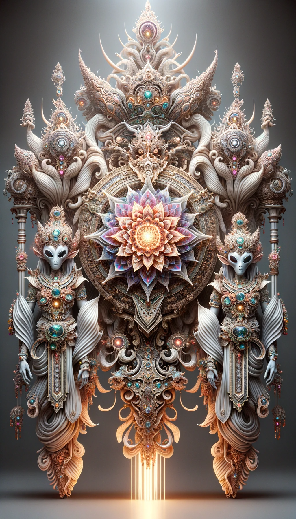DALL·E 2023-10-18 22.48.54 - Tall render of a grand coat of arms that interlaces Balinese, Indian, and Aztec traditions with the fractal floral dominion. The shield is emblazoned .png