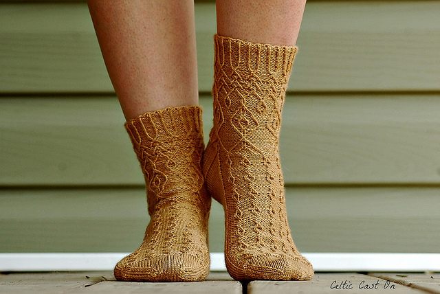 CelticCastOn's Pavilion Socks knitted in Wandering Cat Yarns Alley Cat BFL.
