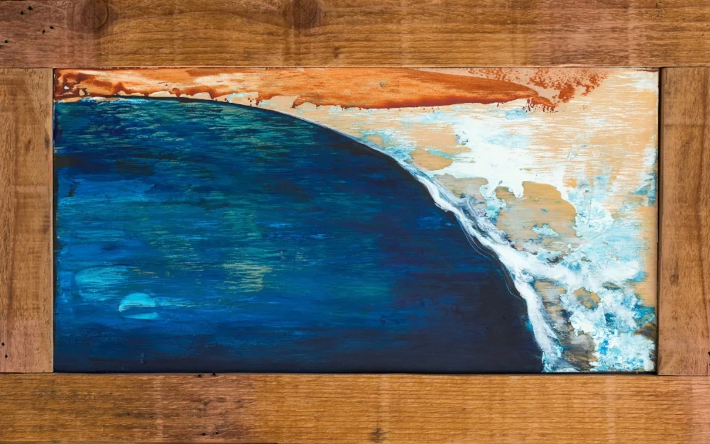 SOLD: Acrylic on wood panel with reclaimed wood frame made by the artist. 17"x9"