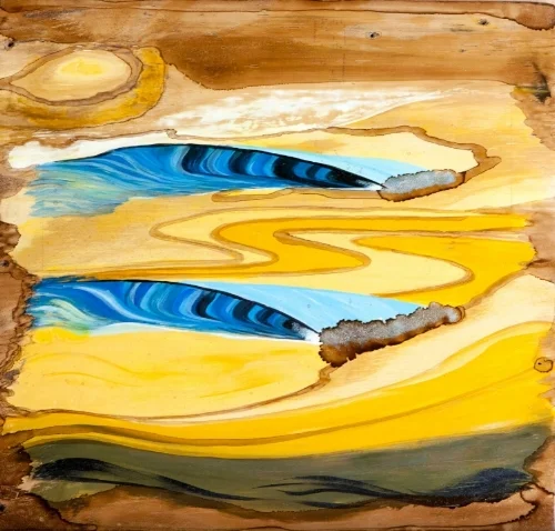 SOLD: Wood stain and acrylic on wood. 18" x 24" 