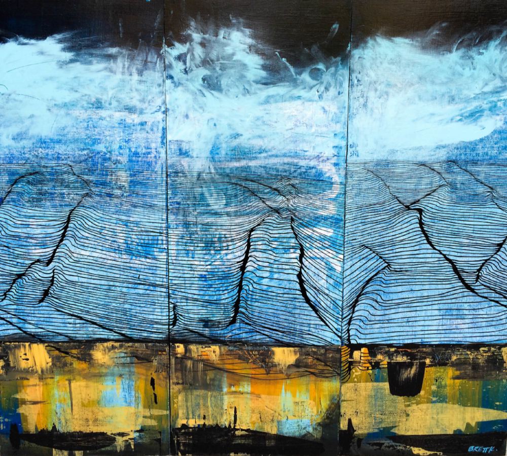 SOLD: Acrylic and oil pen triptych on wood panels. 35" x 36"