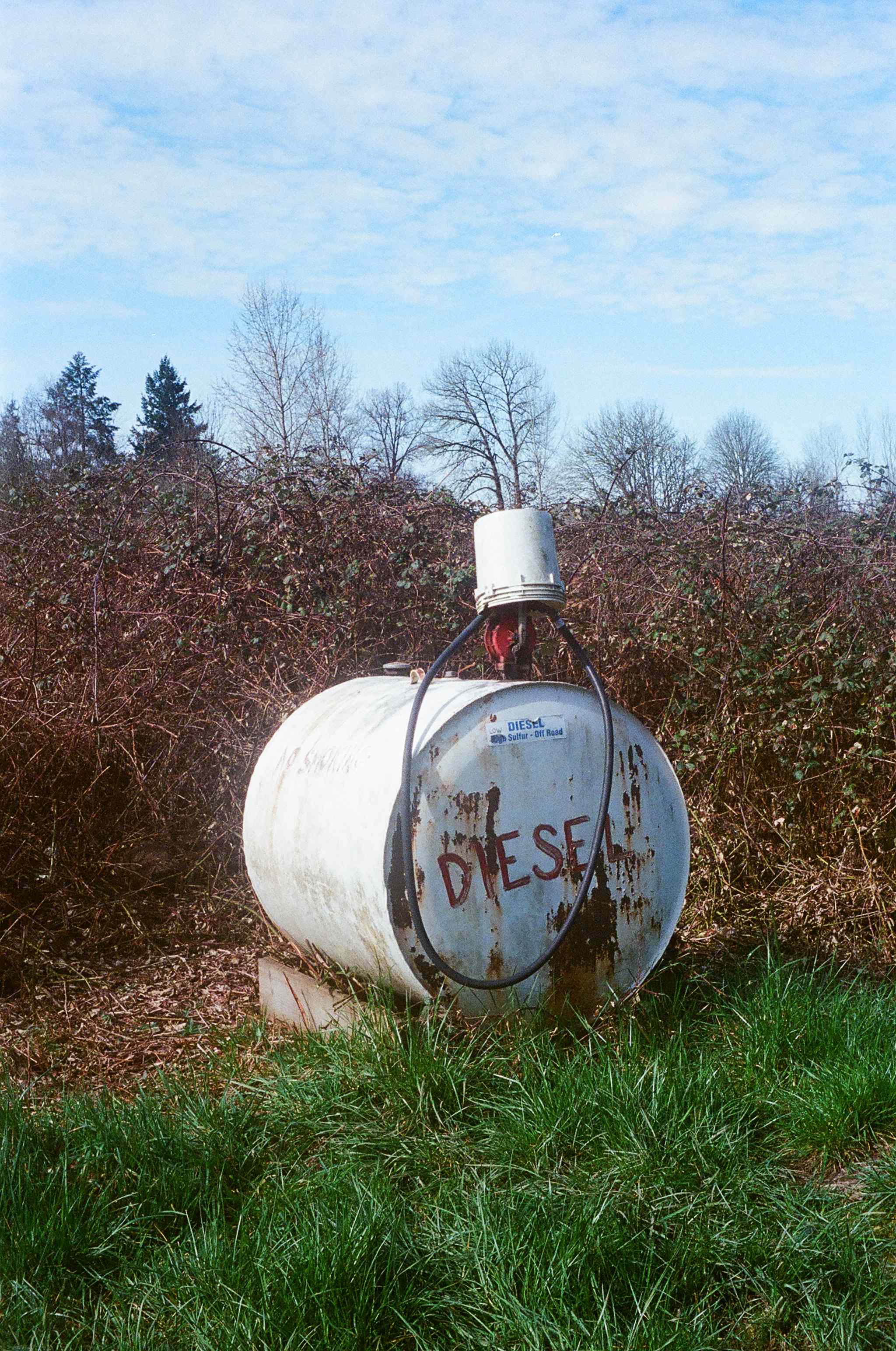 Diesel fuel used in our tractors and trucks accounts for a large share of the farm's emissions, making for a vexing challenge in the pursuit of carbon-free energy. In the blackberries behind the diesel tank is an old barn that collapsed within a year of our arrival on the land. Common practice would be to burn the remaining wood to get it out of the way. However, this option means that our garbage would become our neighbors garbage and contribute to global warming. So the barn slowly rots into the ground.