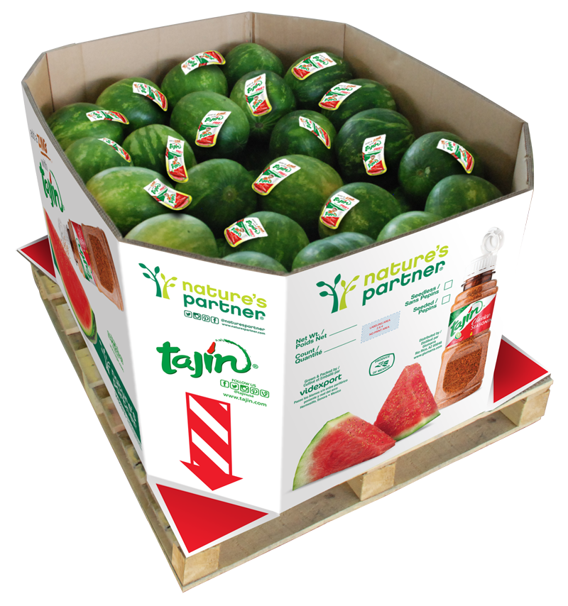 Bin and label artwork for Nature's Partner and Tajín watermelon promotion. Click to download high resolution image.