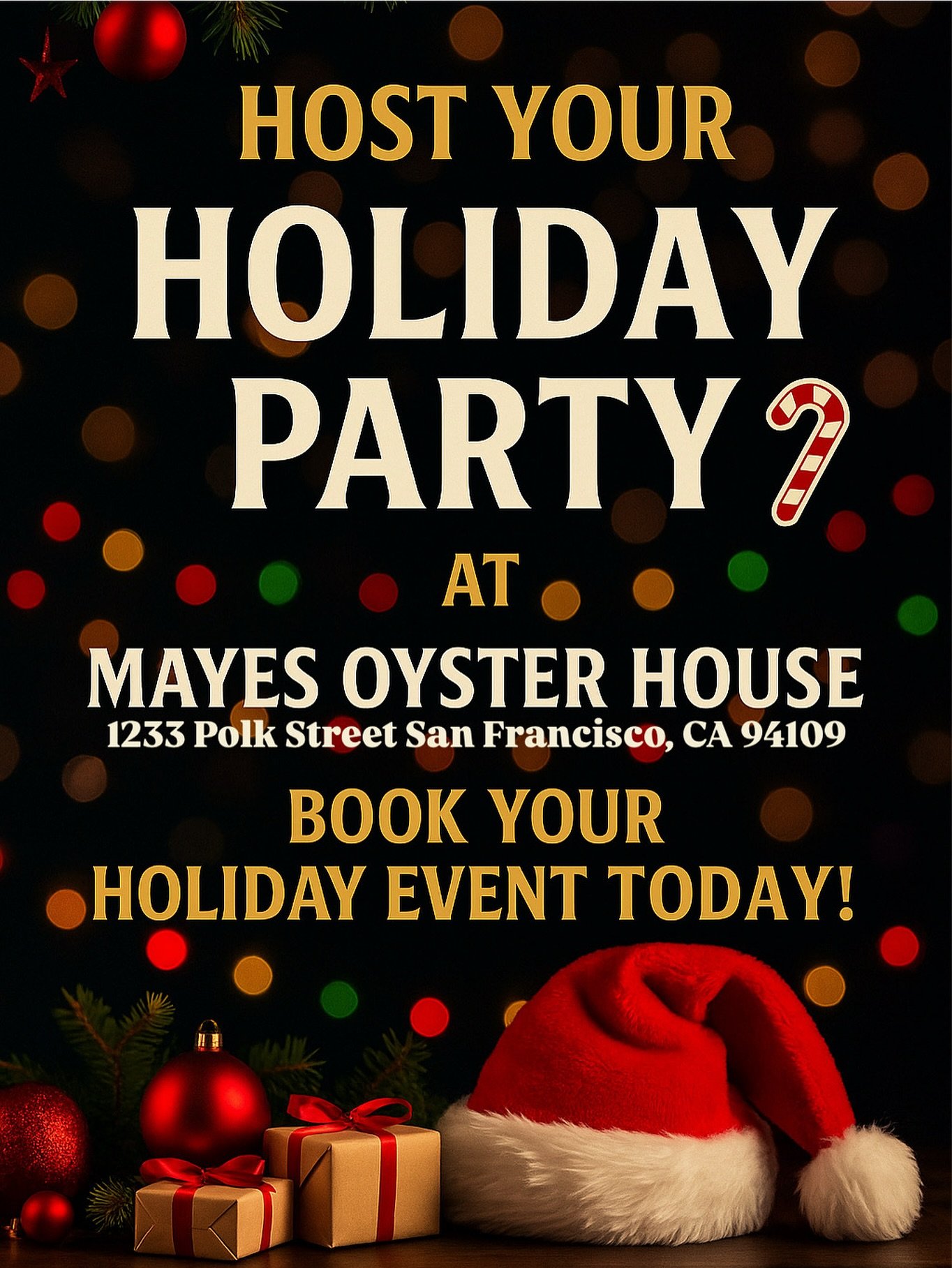 🎄✨ It&rsquo;s the most wonderful time of the year &mdash; and the perfect time to celebrate at Mayes Oyster House!
Host your holiday party in true San Francisco style 🍸
🎉 Corporate events, friend gatherings, festive nights out
📍 1233 Polk St, SF
