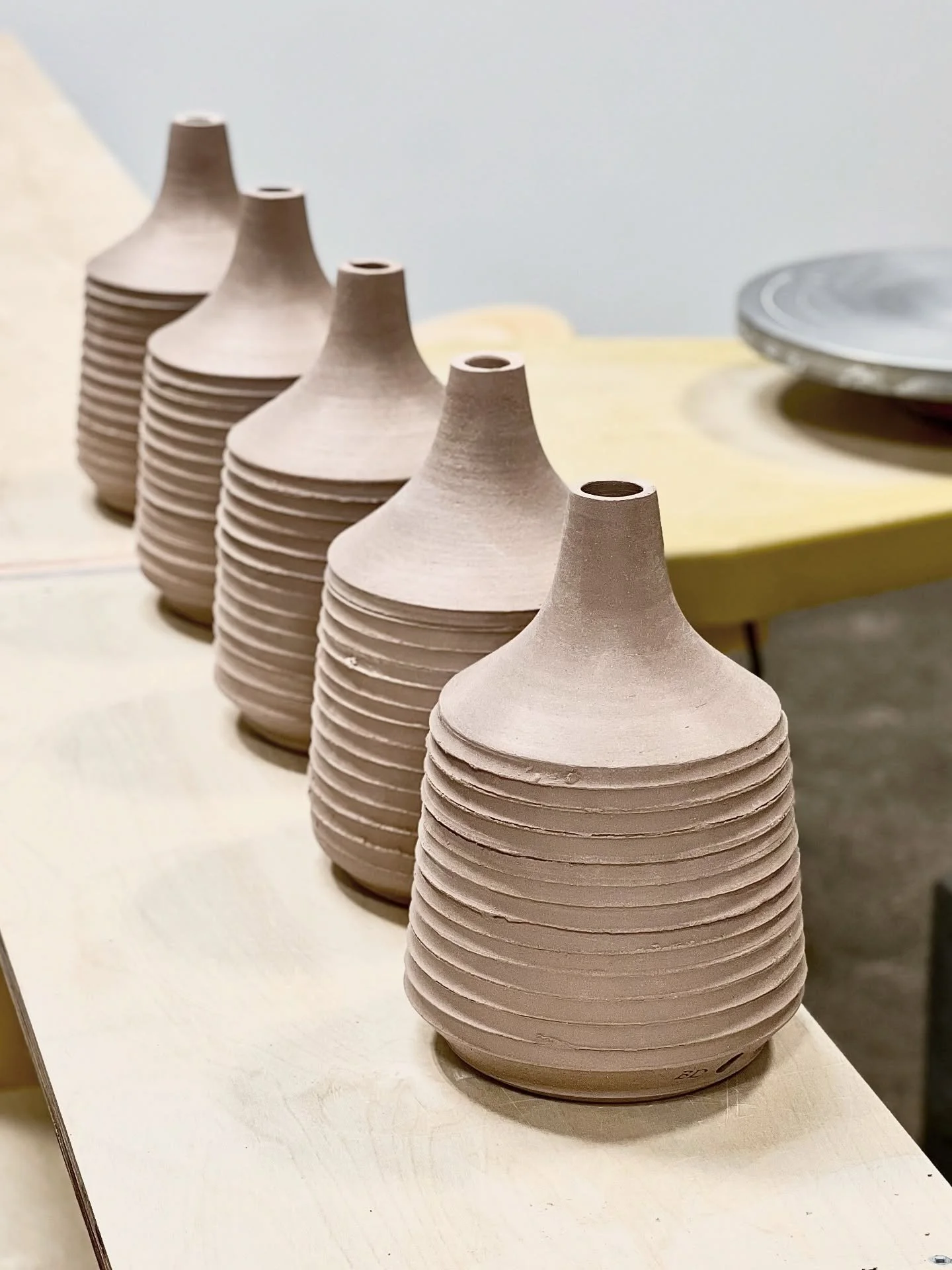Style 1 Grooved lamp bases. These will be glazed in Dark Water and are made with local East Bay Clay in Richmond, CA.