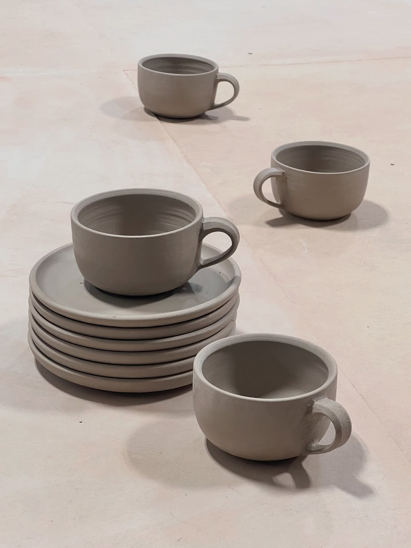 Teacups, saucers, and sugar jars for @singlethreadfarms The Selvedge. These are drying and will be glazed in a mushroom color. Lots more pieces to come.