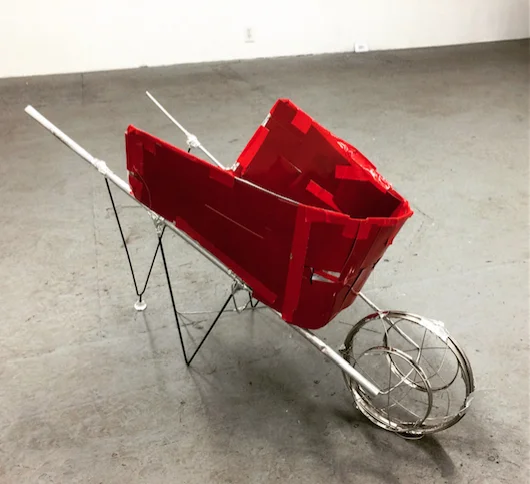 "Red Wheelbarrow" 2016 -haikussemblage- by Kio Griffith (aluminum, foil, photographic prints, Bakelite, cloth tape, acrylic, plant support, strainer)