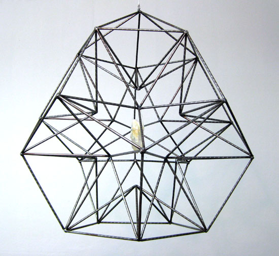 Receptive Visualizer for Seeing with the Mind's Eye, 2009 welded steel, quartz crystal, silver thread 30" diameter dodecahedron with pentagonal pyramid crown by Christina Ondrus