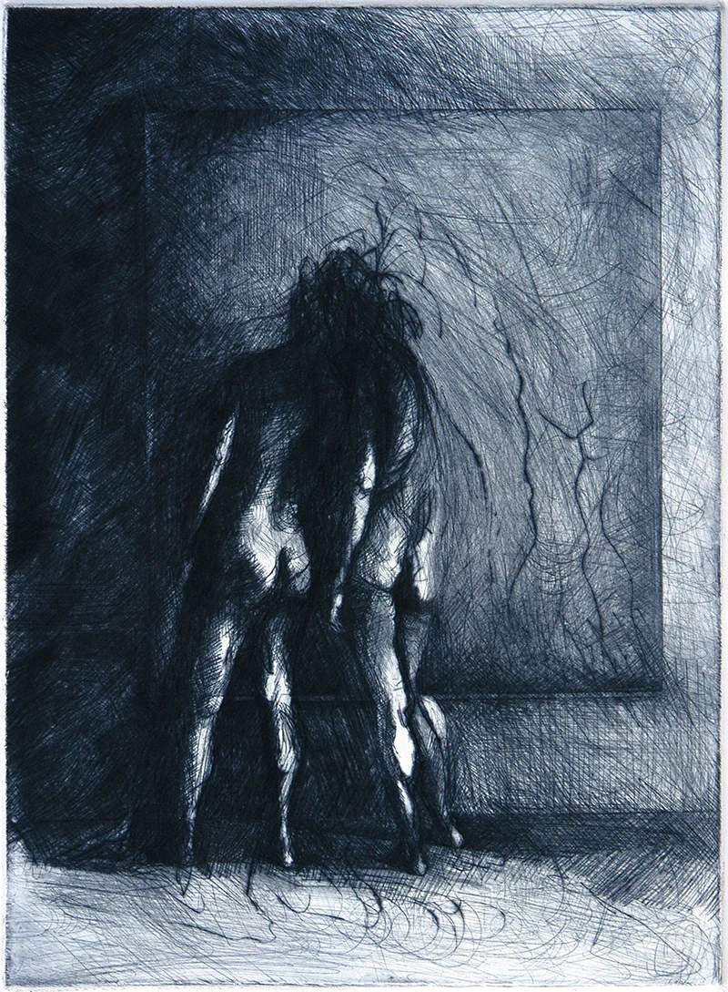 Drypoints, lean 1, ink on paper, H12"xW9", 2011