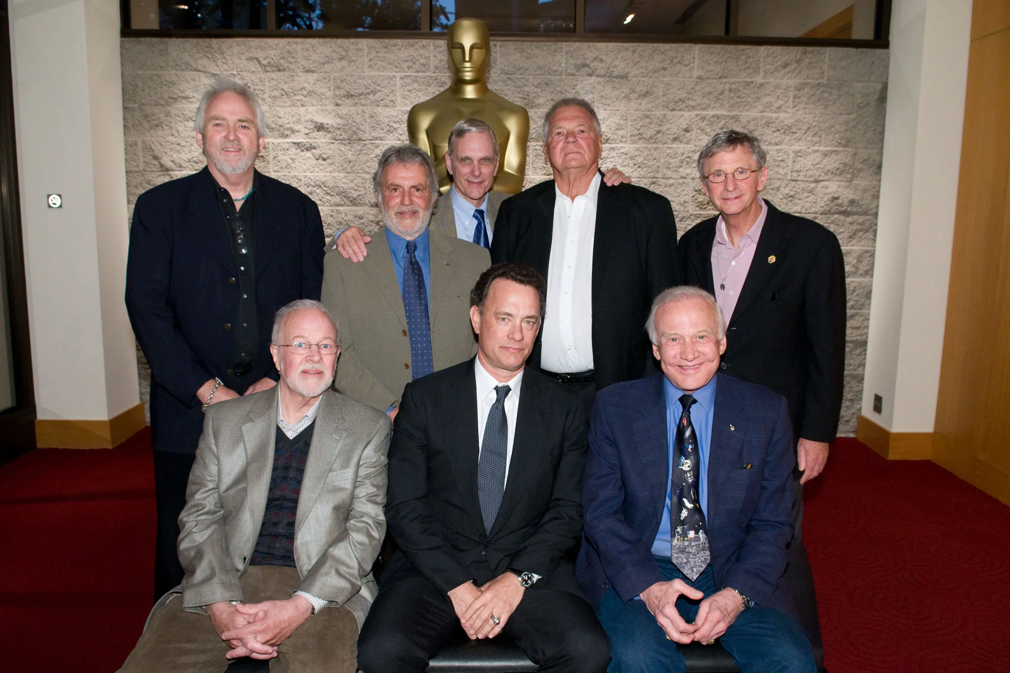 40th Anniversary screening of 2001:A Space Odyssey- Seated, left to right: Douglas Trumbull; Tom Hanks; Buzz Aldrin. Standing, left to right: Bruce Logan; Sid Ganis; Keir Dullea; Gary Lockwood; Daniel Richter