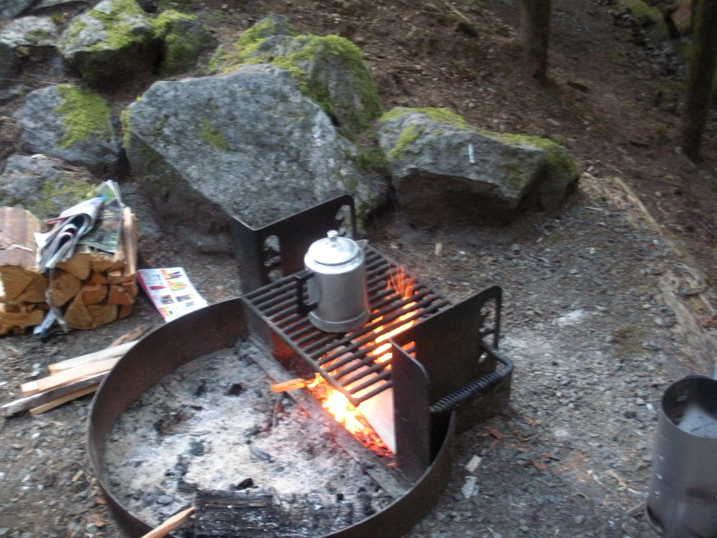Cowboy coffee on Saturday morning. Breakfast menu: bacon, eggs, and leftover cornbread