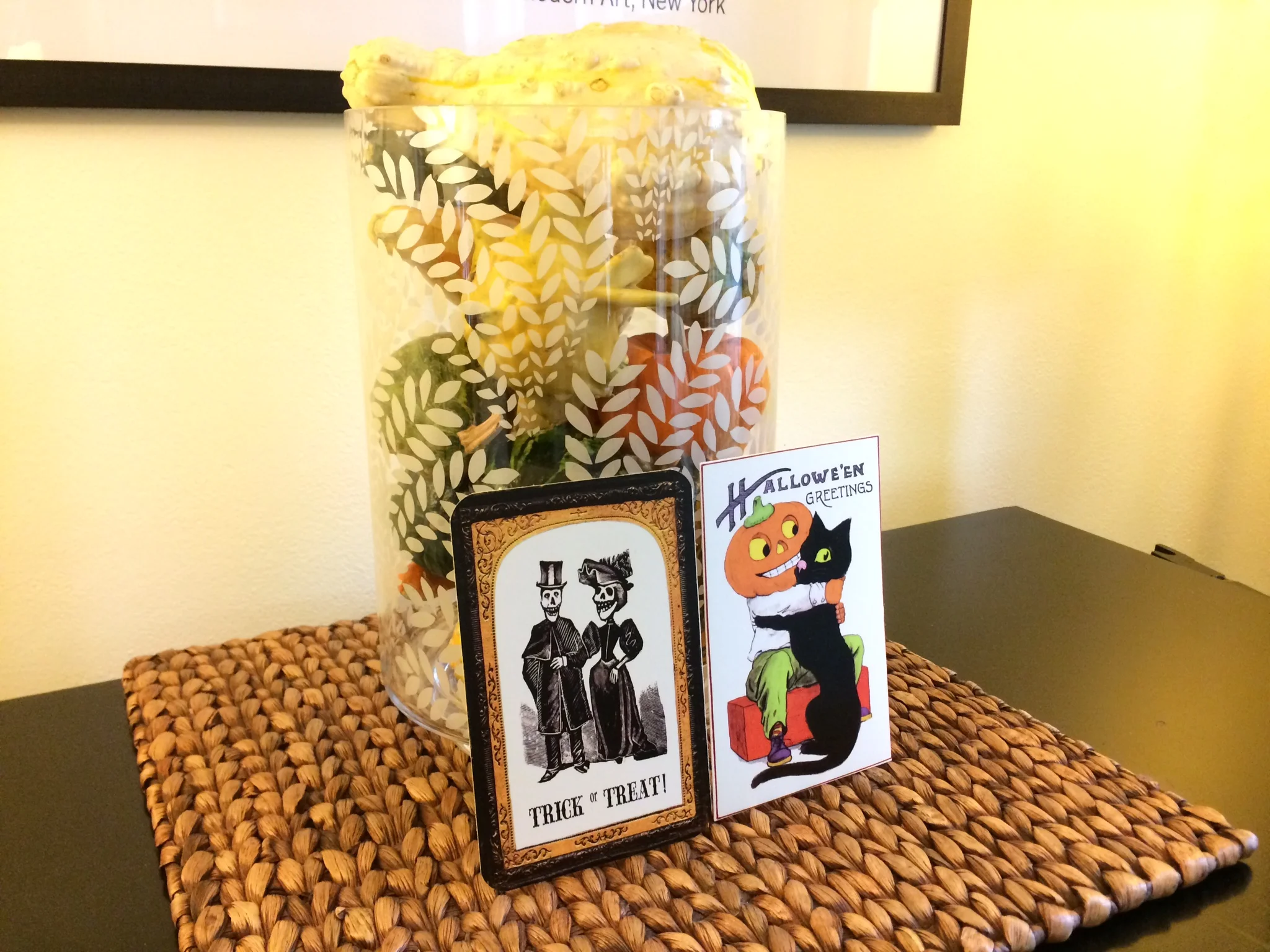 Fill any clear vessel with small harvest squash, pine cones or other fall colors. I love having pieces that can do many seasons and styles, everyone does double duty at Chez Betty