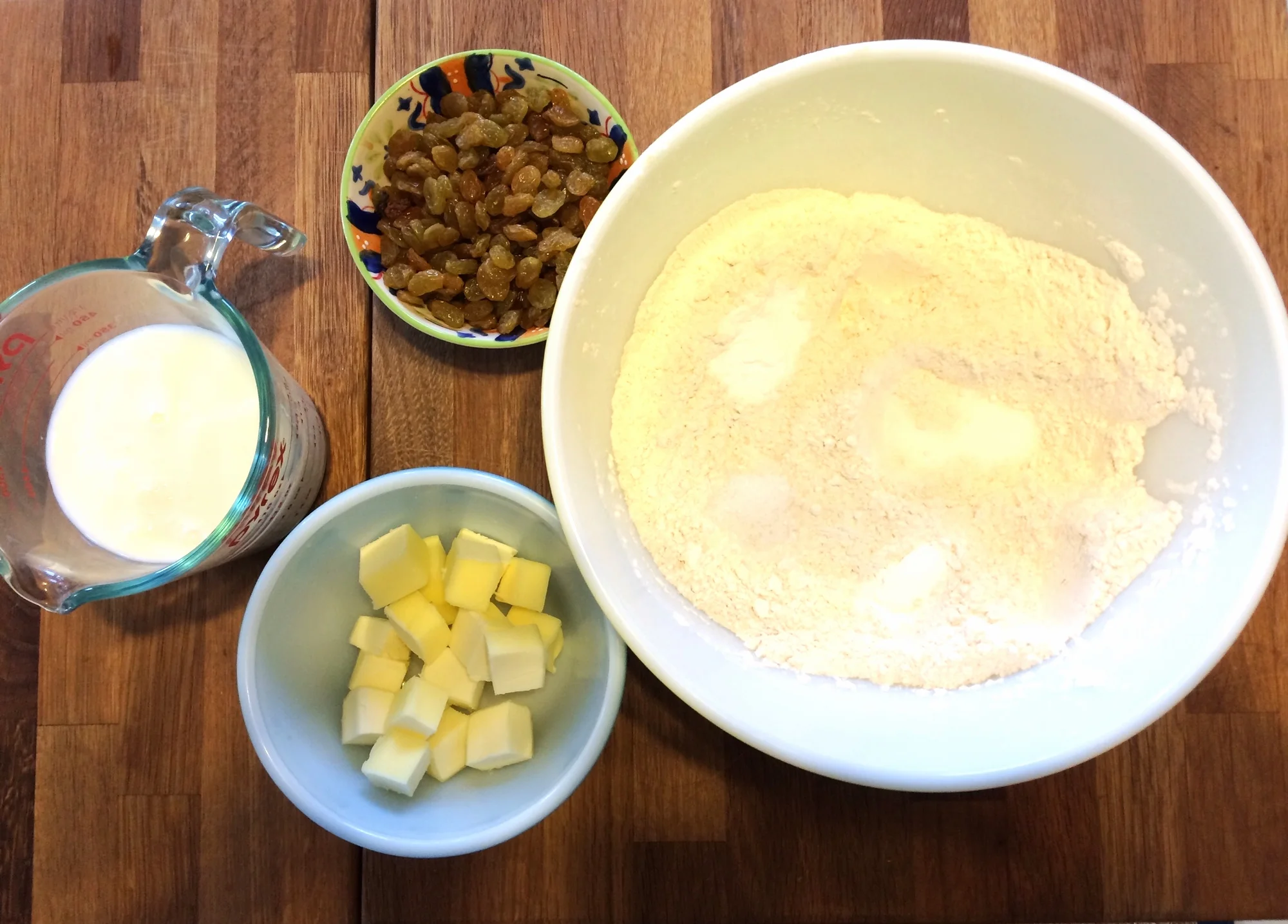 Cast of characters: buttermilk, raisins, butter, and the dry mid of flour, salt, leaveners, and sugar