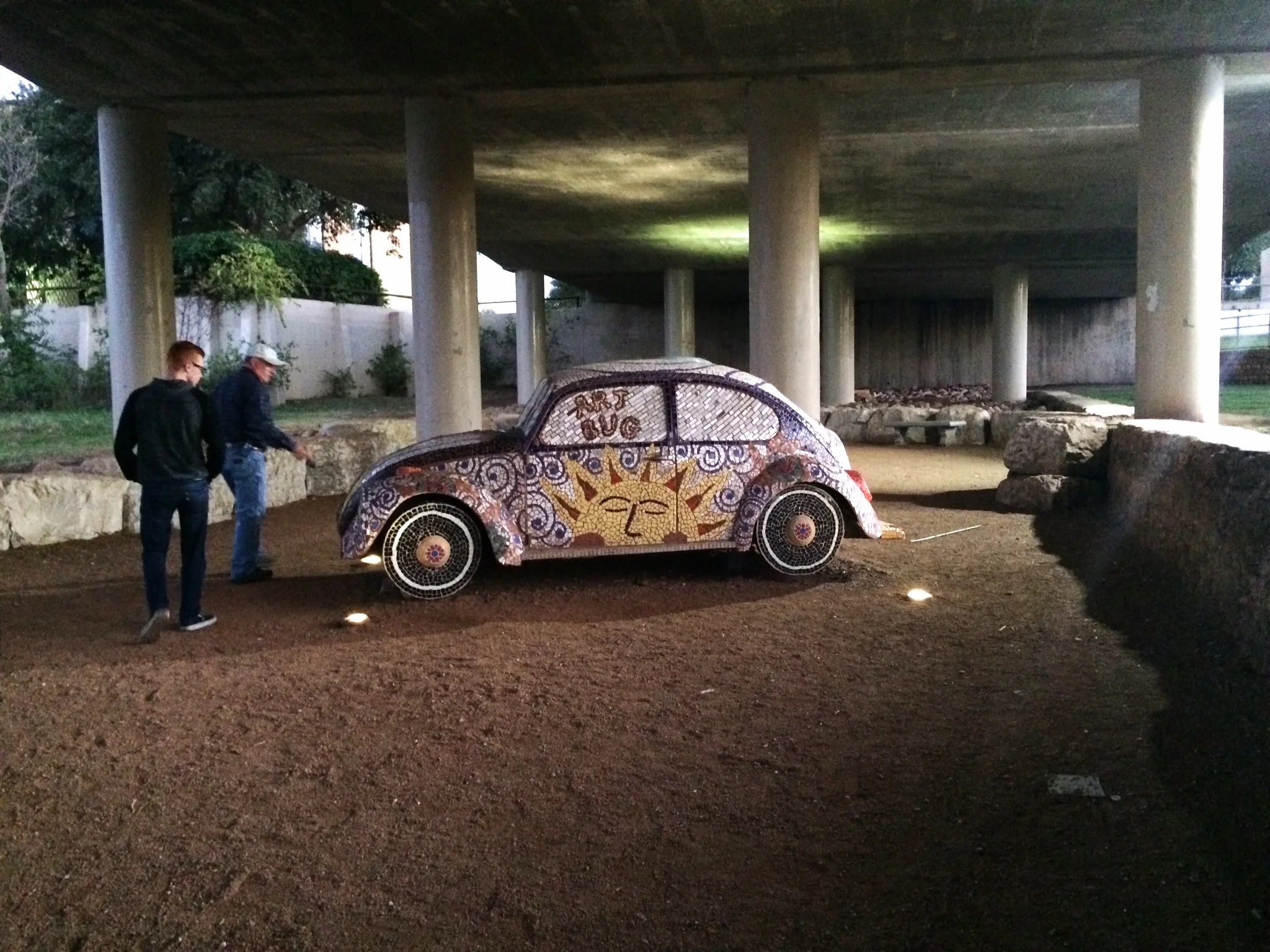 Public art under bridges along the riverwalk-- literally a mosaic'd VW bug. So. Cool.