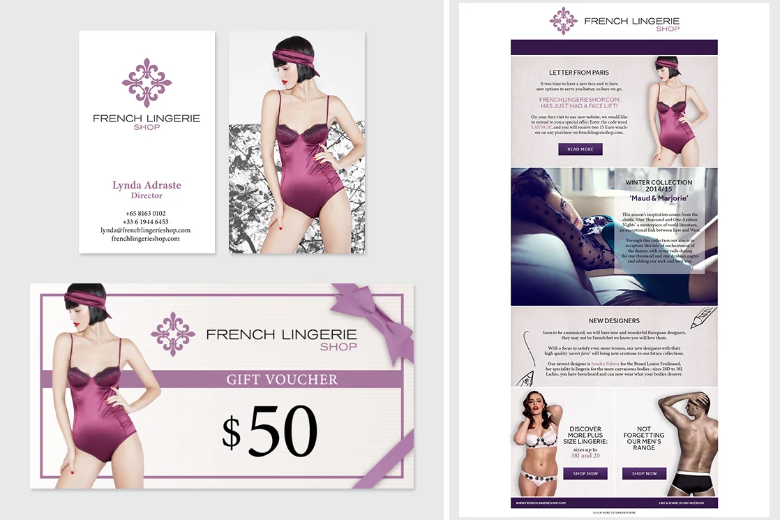 Logo, business card, gift voucher and email newsletter for French Lingerie Shop