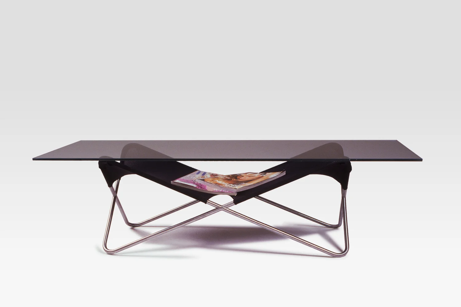 Locust Coffee Table in Satin Nickel, Black Nylon, Tempered Glass.
