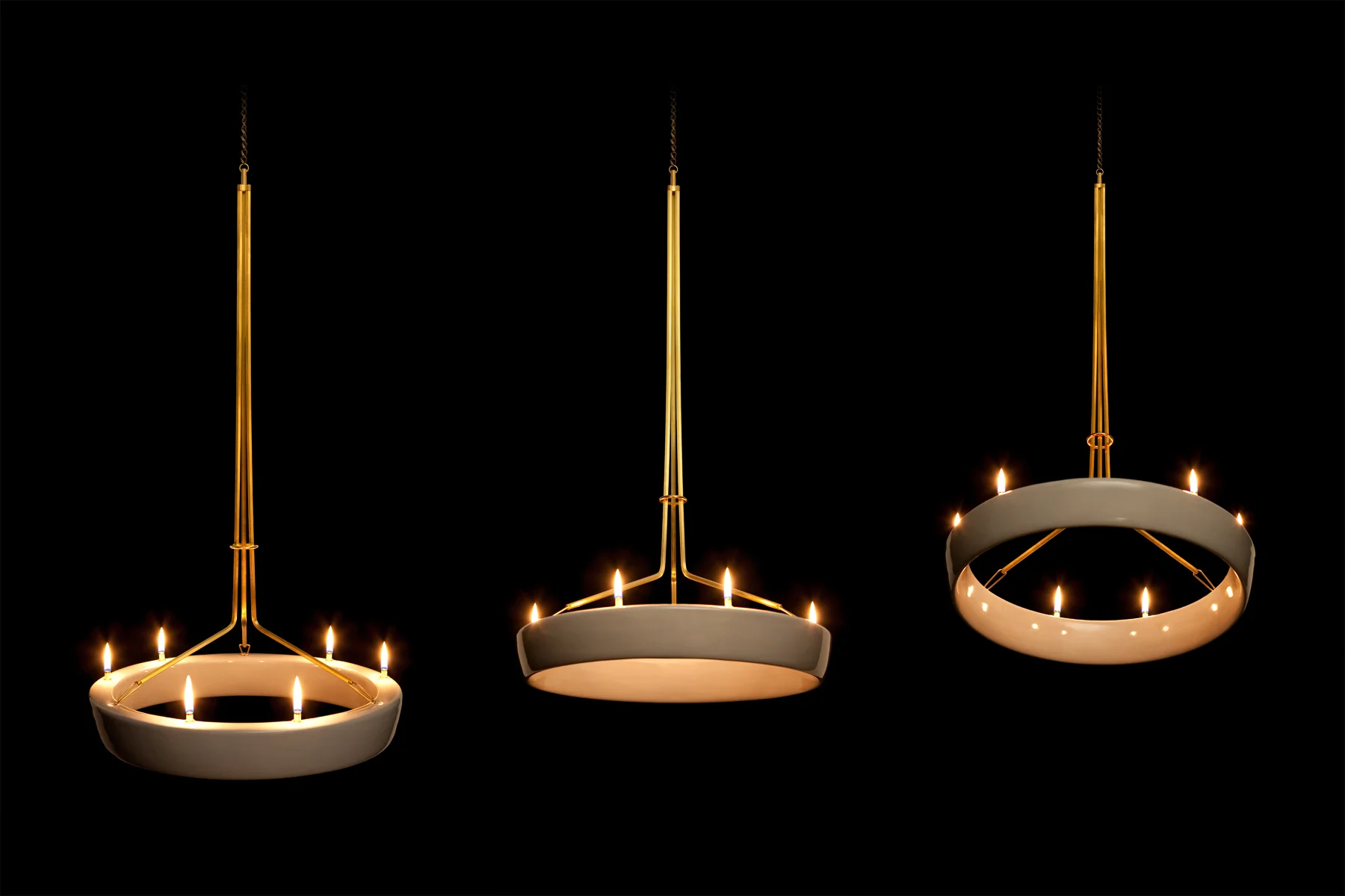 Halo Chandelier in Glazed Ceramic Stoneware and Brass designed by Piet Houtenbos in Brooklyn, NY.
