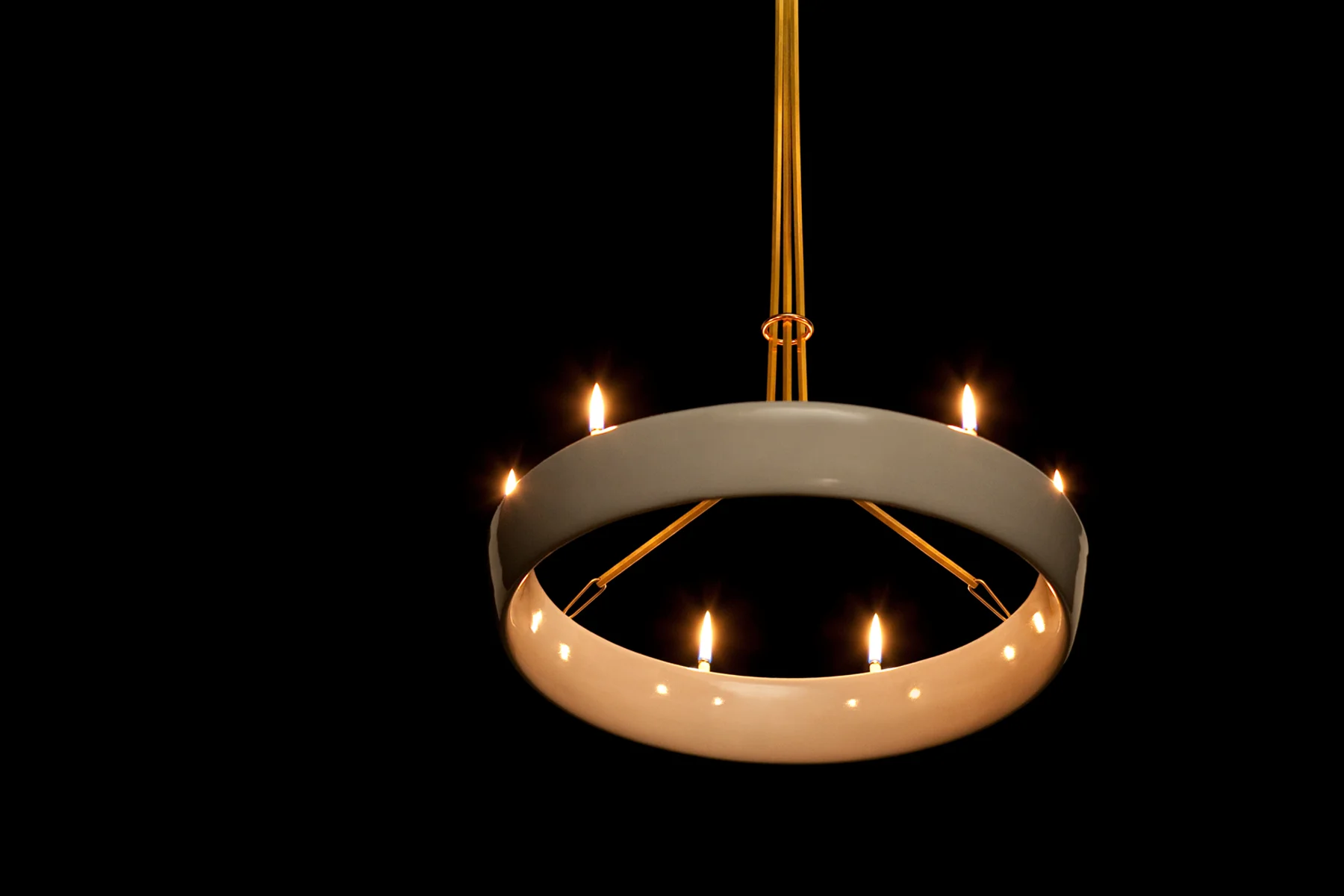 Halo Chandelier in Glazed Ceramic Stoneware and Brass designed by Piet Houtenbos in Brooklyn, NY.