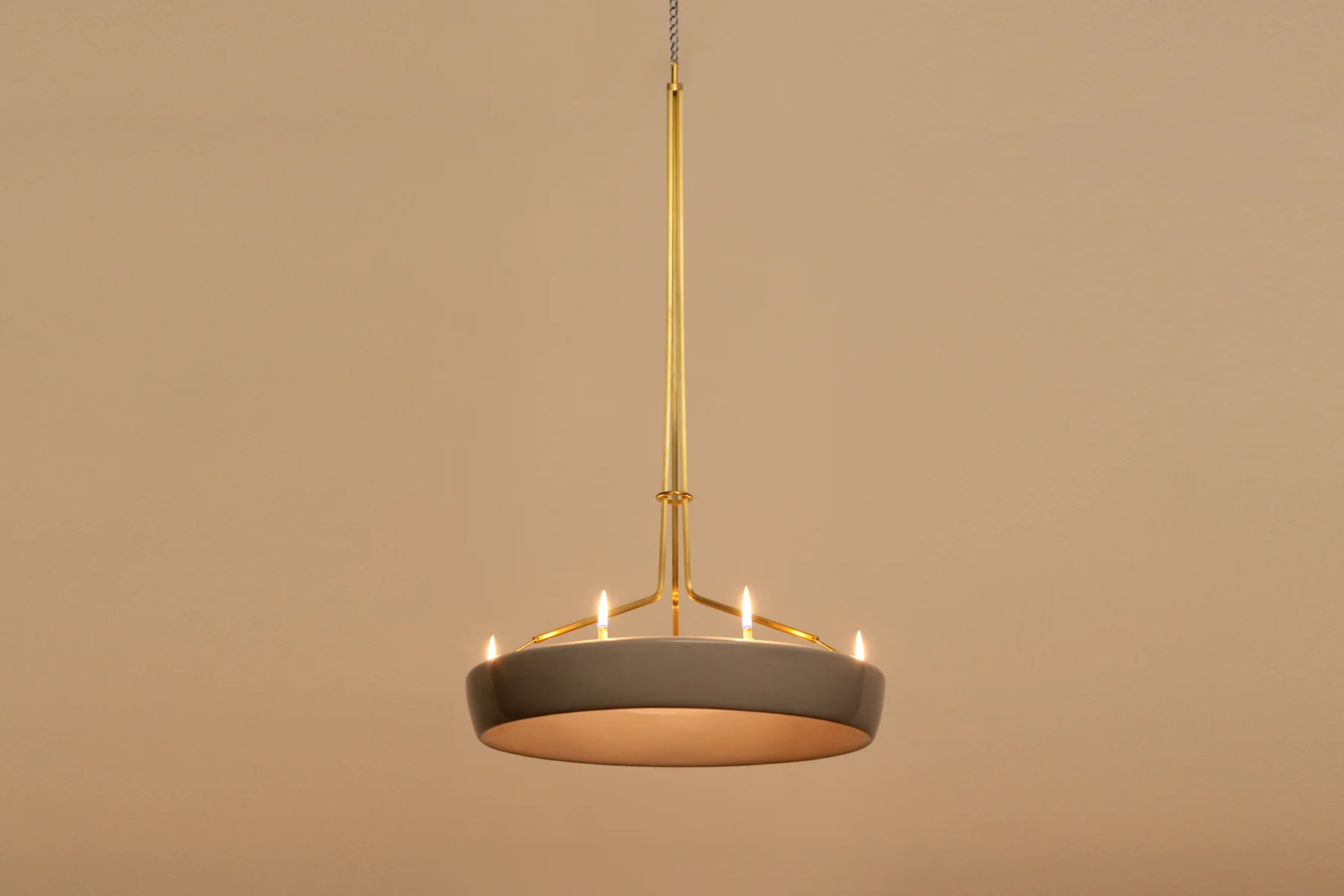 Halo Chandelier in Glazed Ceramic Stoneware and Brass designed by Piet Houtenbos in Brooklyn, NY.