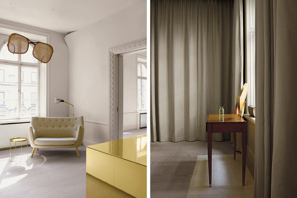 From left: An artwork by the Viennese artist Philipp Schweiger hangs over a Finn Juhl sofa; a dressing table by Gio Ponti. Credit Henry Bourne