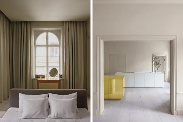 From left: In the bedroom, heavy curtains are essential for sleep in summertime, when it’s only dark for a few hours; the kitchen, with the brass storage cube and a similar cube made of Corian. Credit Henry Bourne
