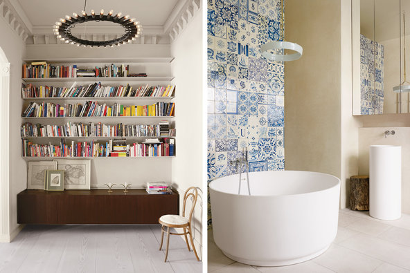 From left: The entry also functions as a library, featuring old maps of the Habsburg Empire and a Thonet-style chair with an origami seat by the London-based designer Rentaro Nishimura; a Halo Chandelier by Piet Houtenbos hangs over an Agape tub in the master bathroom; the wall is covered with mismatched Portuguese tiles. Credit Henry Bourne