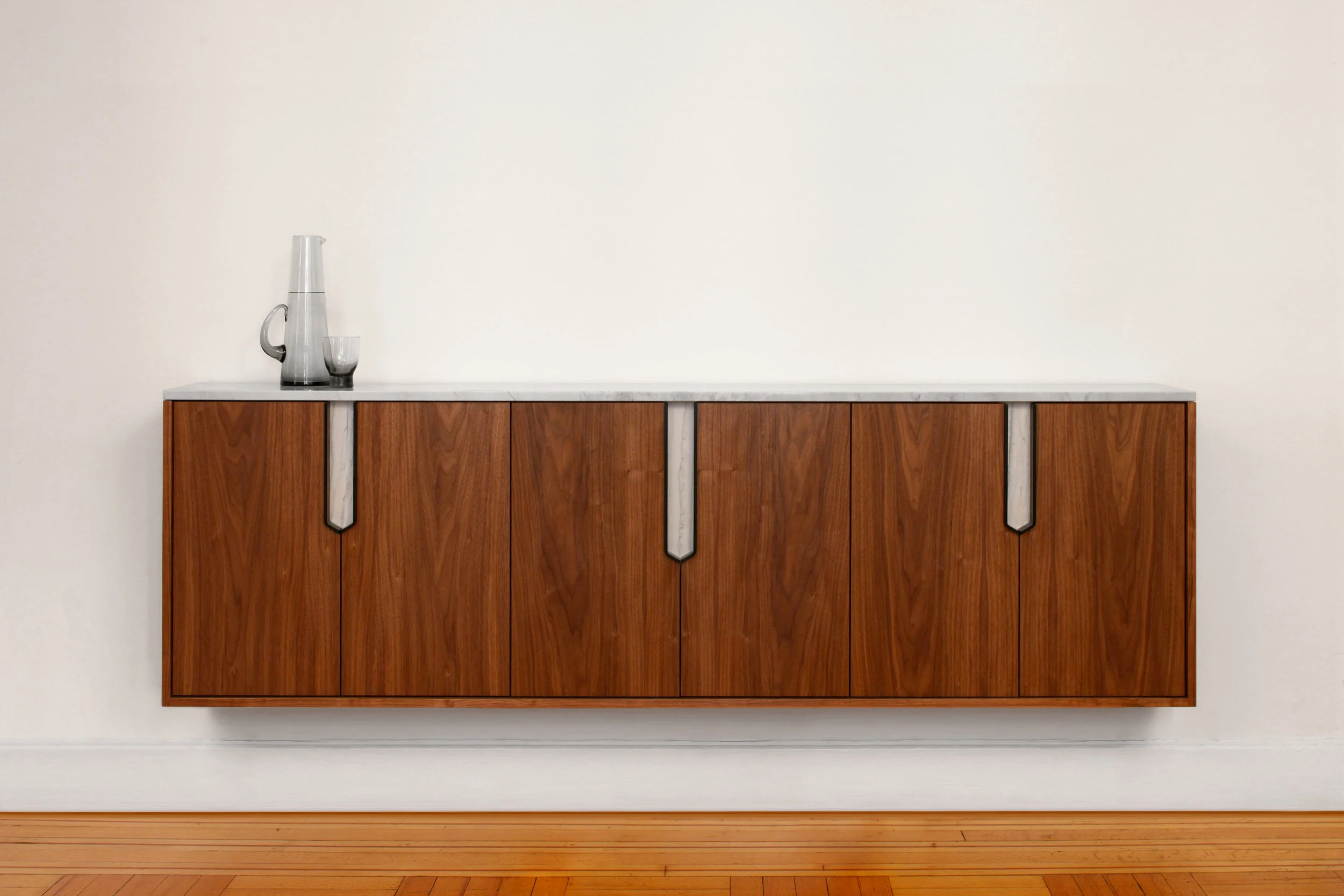 Halsey Credenza / Sideboard in Walnut, Black Lacquered Steel Luce di Luna Quartzite