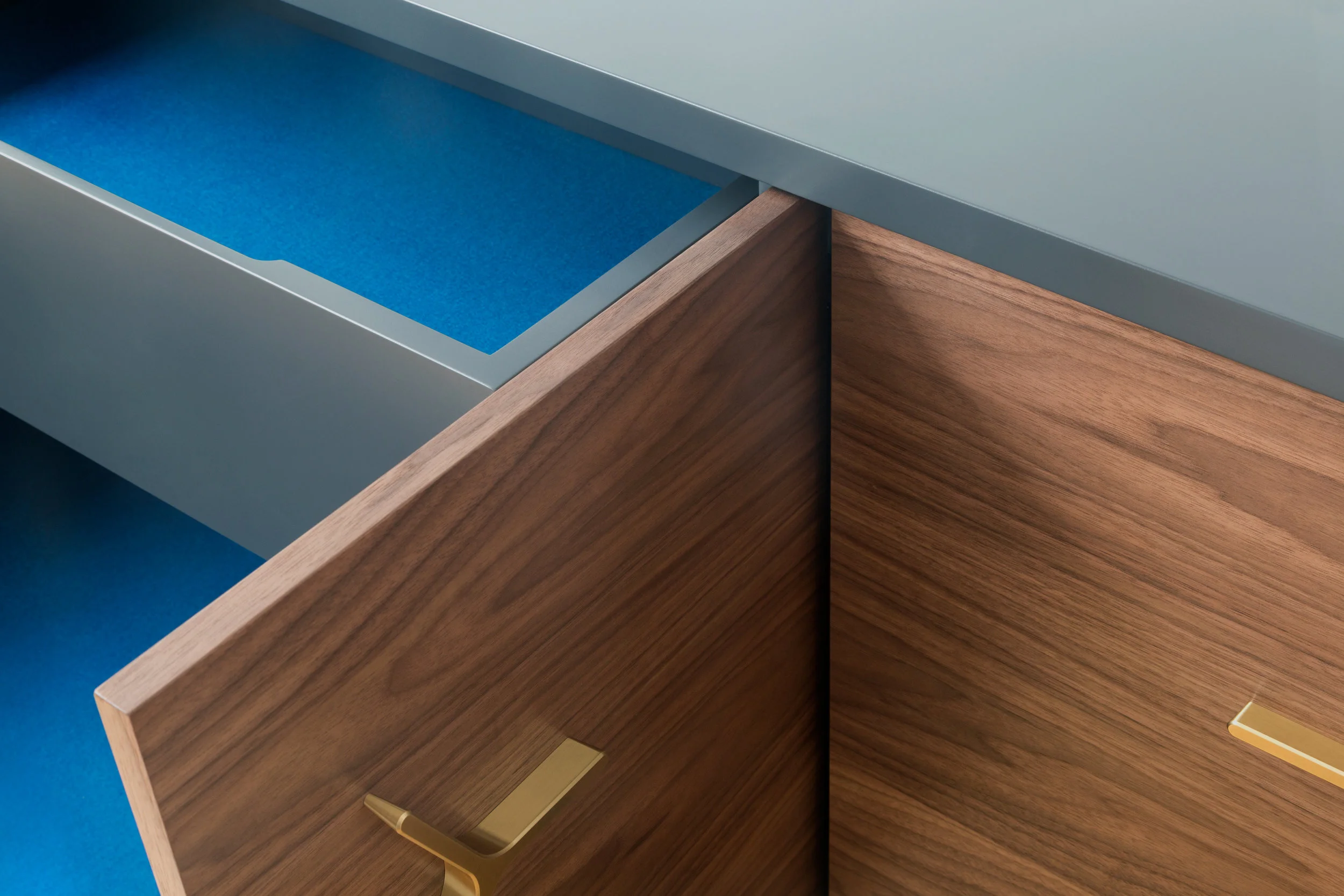 Flux Lacquered Credenza in Lacquer, Walnut with Brass Handles