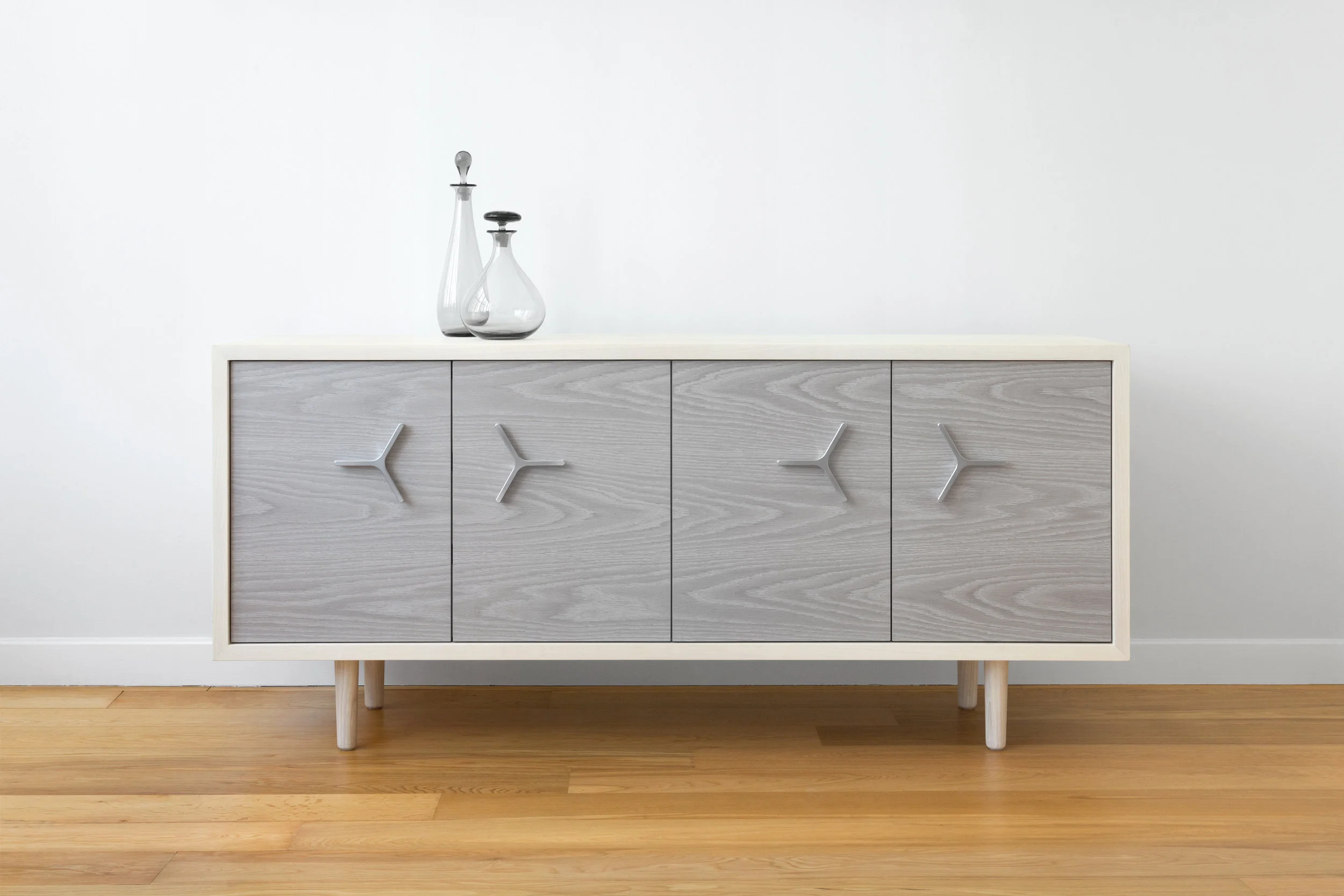 Flux Credenza in Bleached Superwhite Ash, Grey Oak with Aluminum Handles