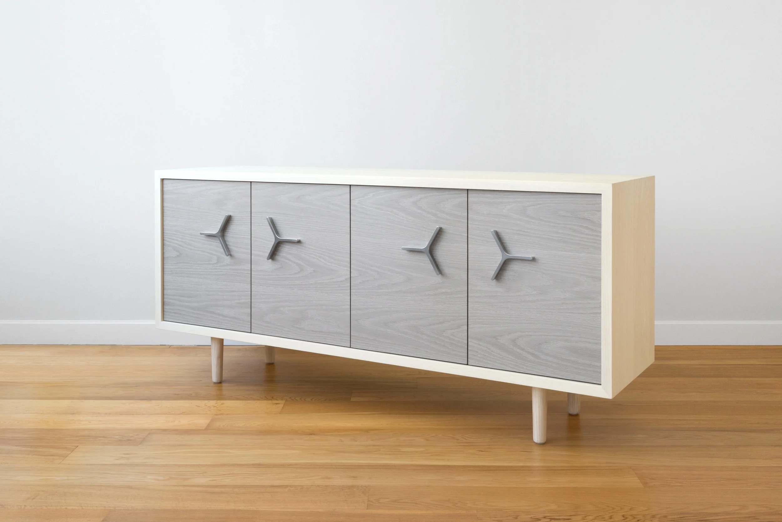 Flux Credenza in Bleached Superwhite Ash, Grey Oak with Aluminum Handles