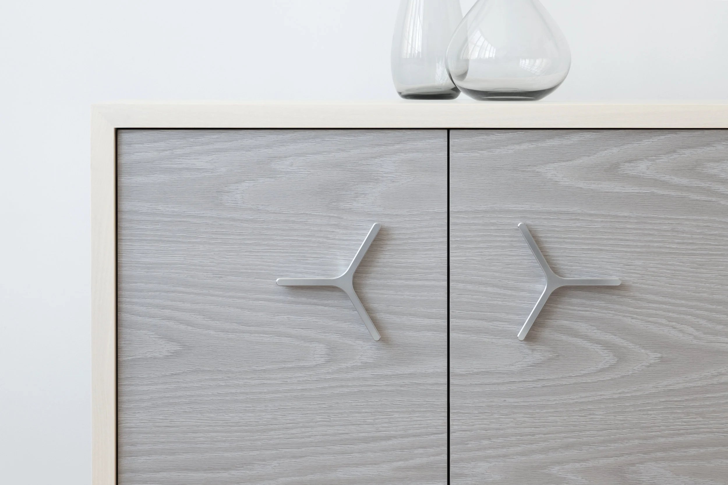 Flux Credenza in Bleached Superwhite Ash, Grey Oak with Aluminum Handles