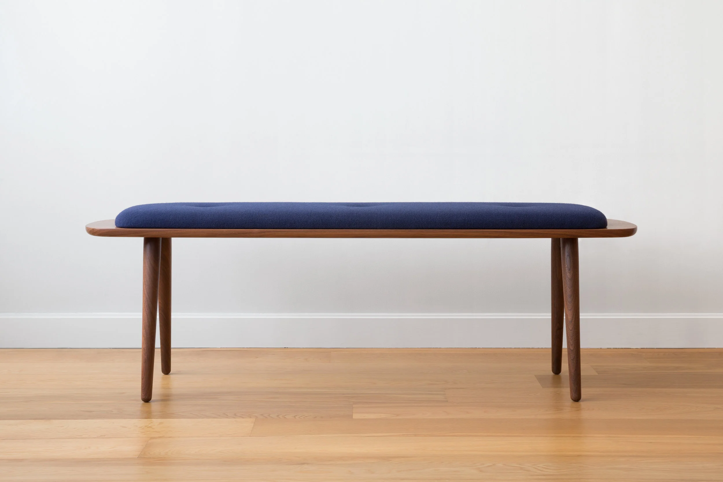 Flying Point Upholstered Bench in Walnut and Wool Upholstery