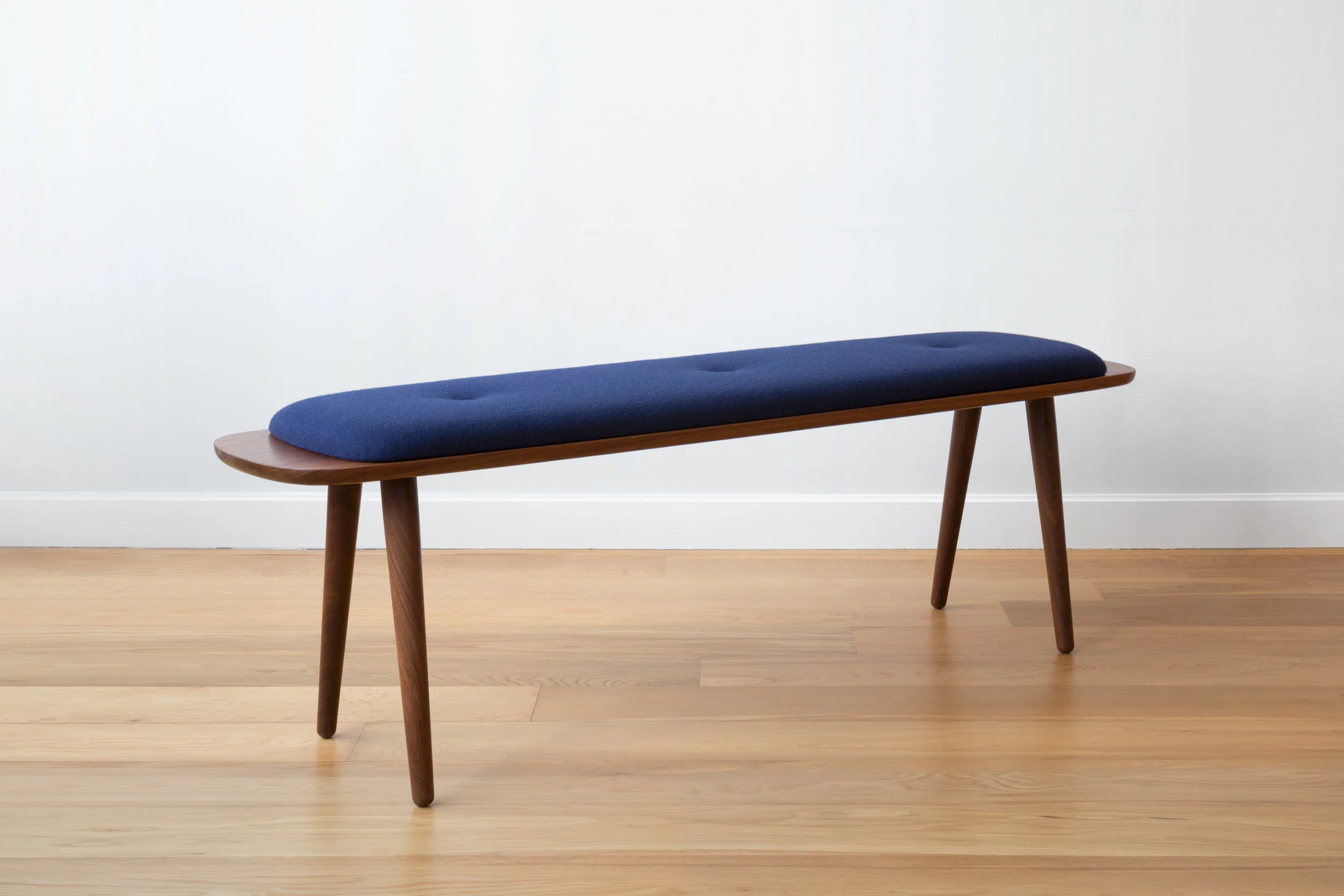 Flying Point Upholstered Bench in Walnut and Wool Upholstery