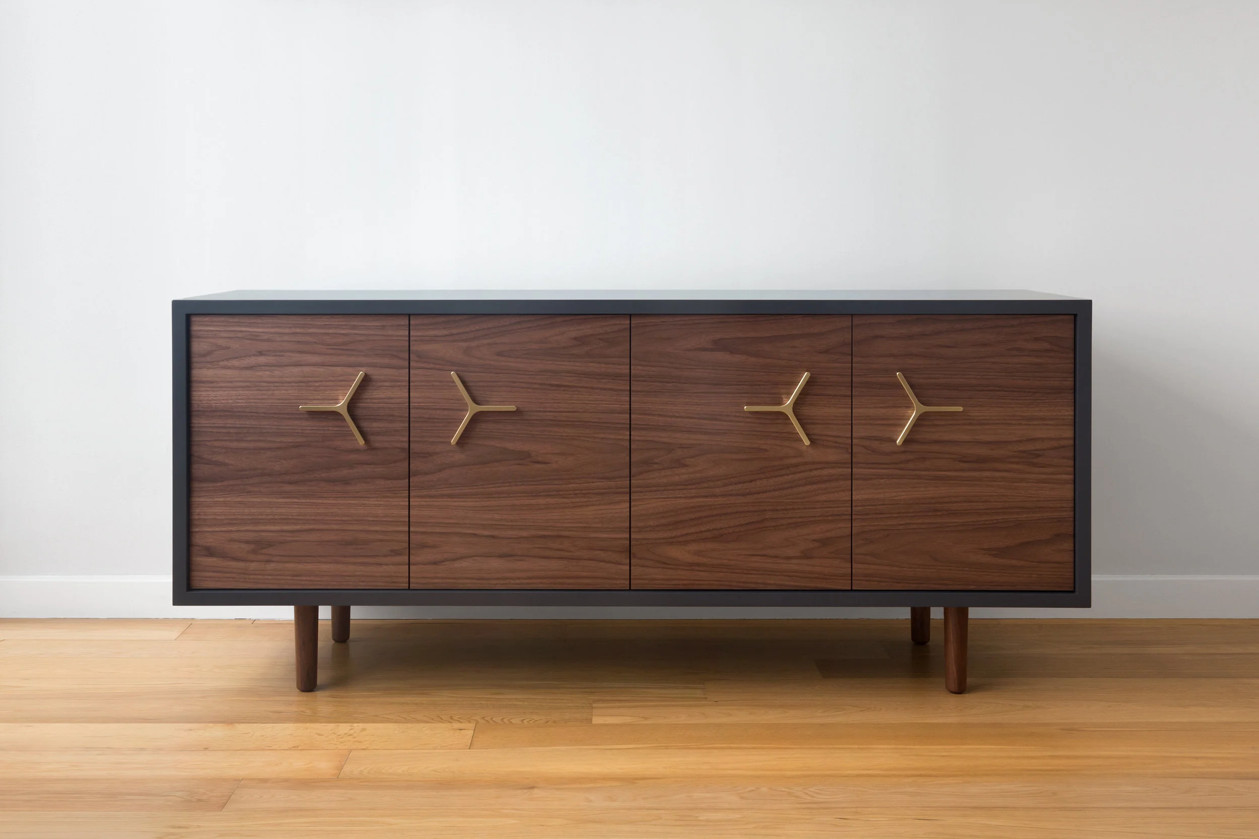 Flux Lacquered Credenza in Lacquer, Walnut with Brass Handles