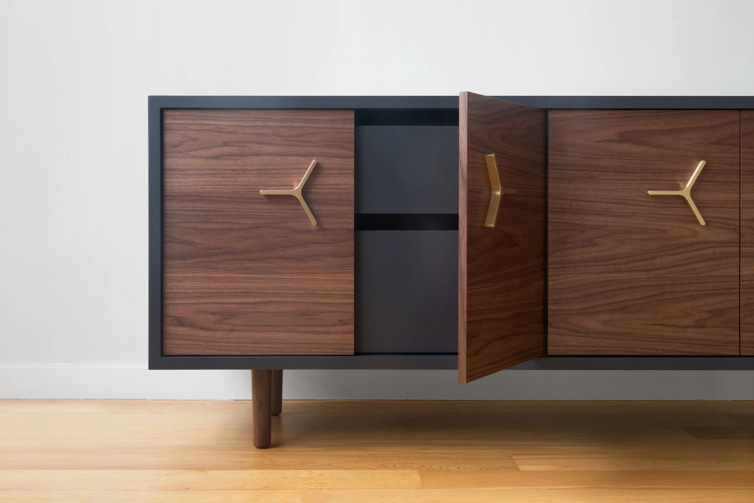 Flux Lacquered Credenza in Lacquer, Walnut with Brass Handles