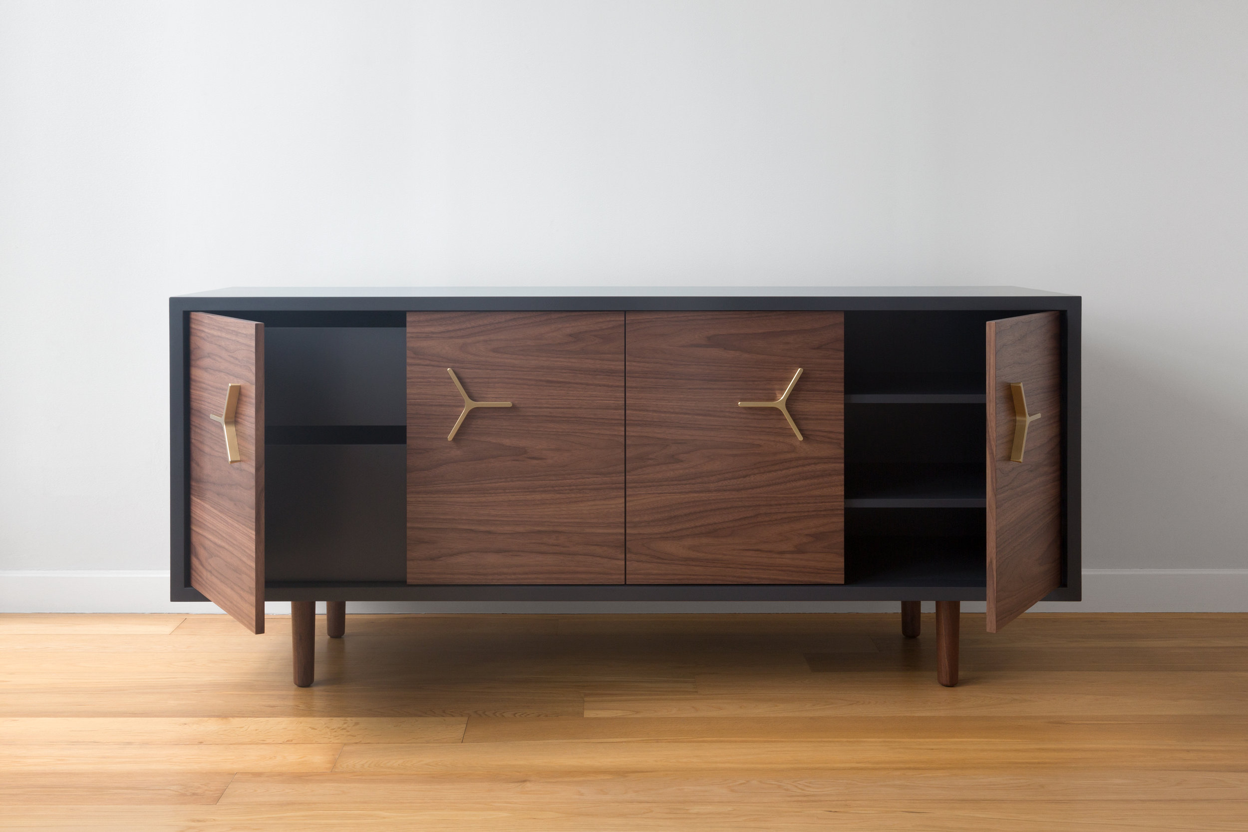 Flux Lacquered Credenza in Lacquer, Walnut with Brass Handles