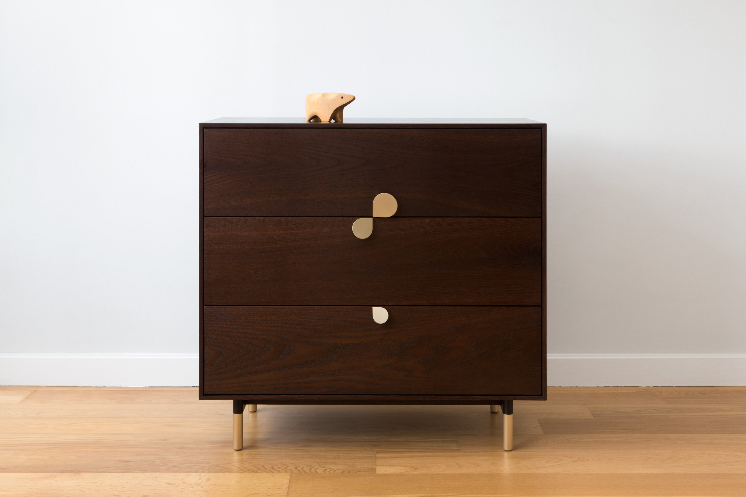 Petals 3 Drawer Dresser in Dark Oak, Brass