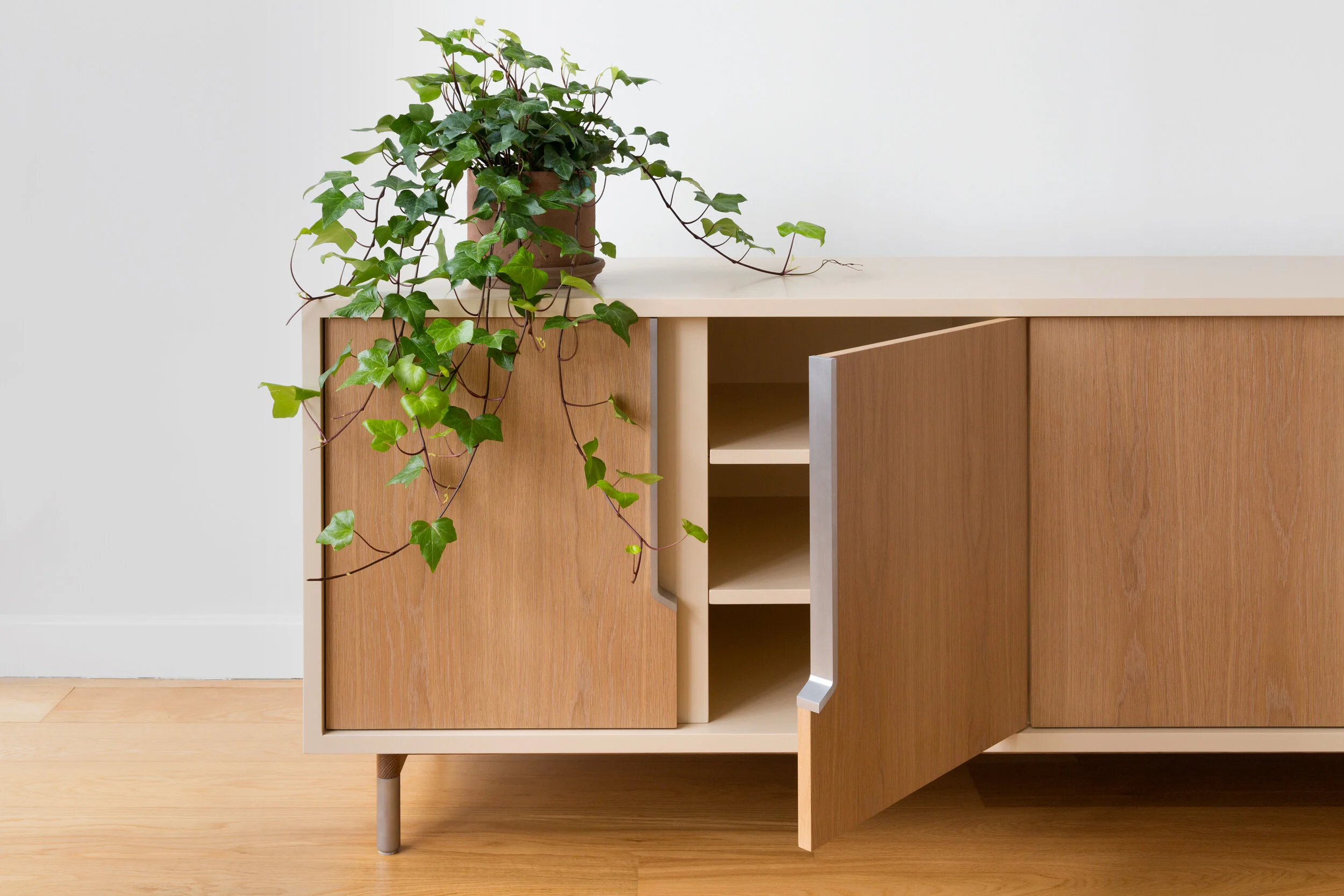 Halsey Prime Lacquered Credenza in Lacquer (Adjustable Shelving), White Oak, Aluminum