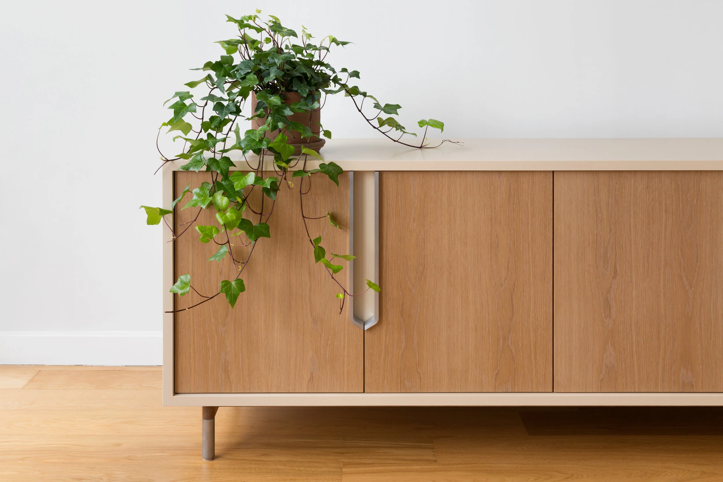 Halsey Prime Lacquered Credenza in Lacquer, White Oak, Aluminum