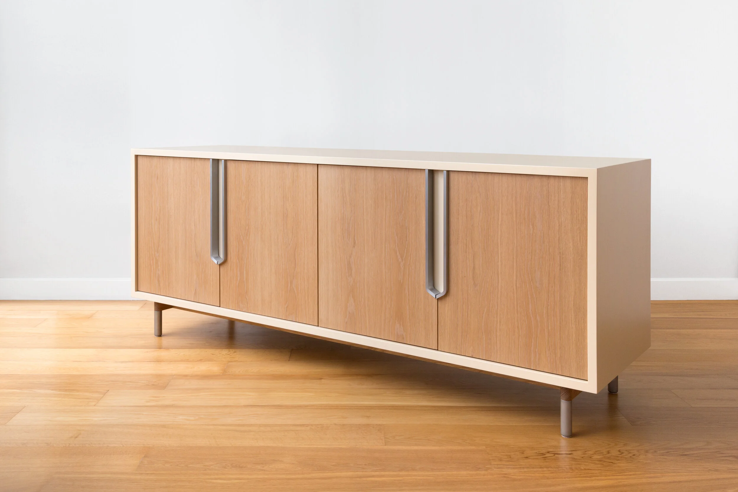 Halsey Prime Lacquered Credenza in Lacquer, White Oak, Aluminum