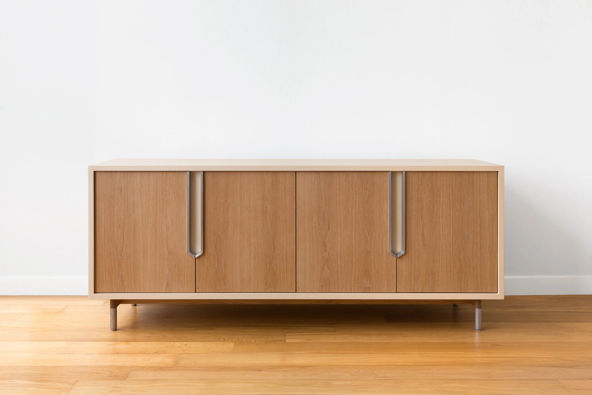 Halsey Prime Lacquered Credenza in Lacquer, White Oak, Aluminum