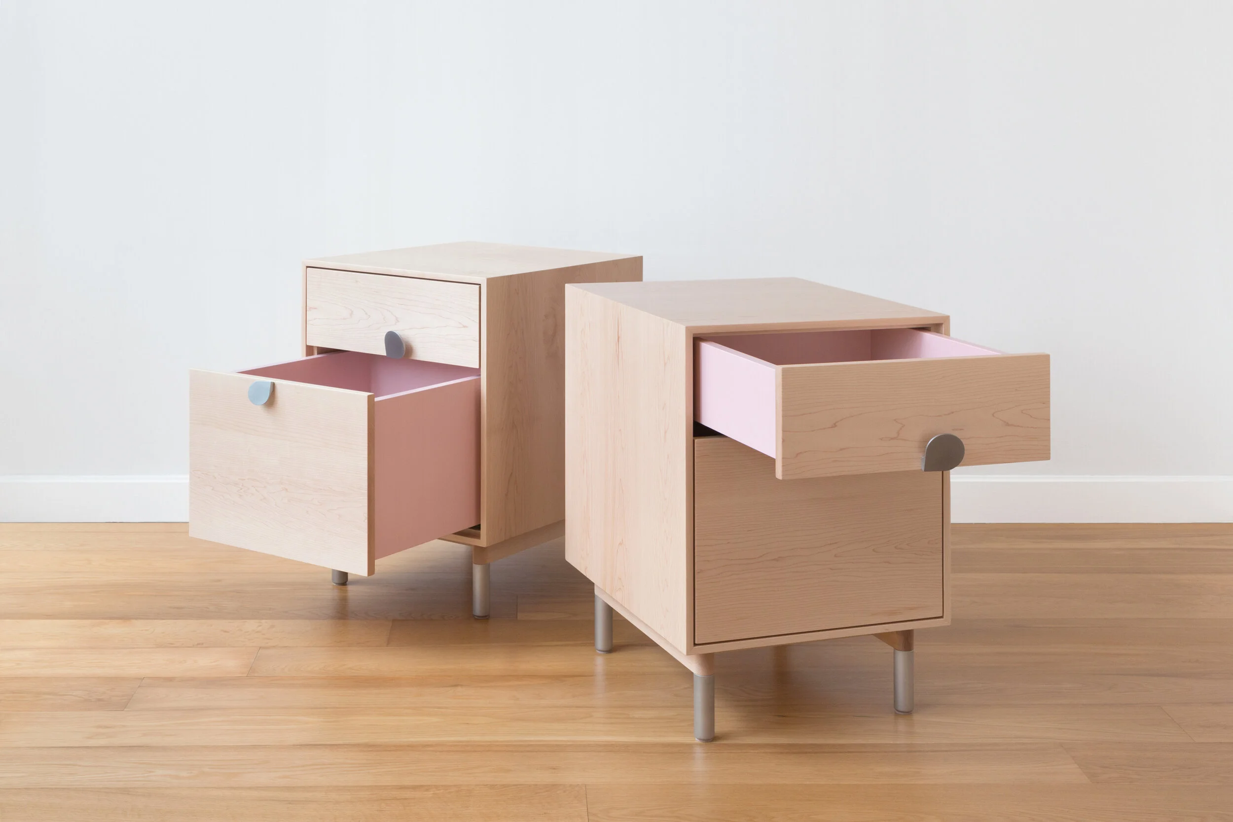 Petals Side Tables in Maple, Aluminum, Heather Pink Lacquer