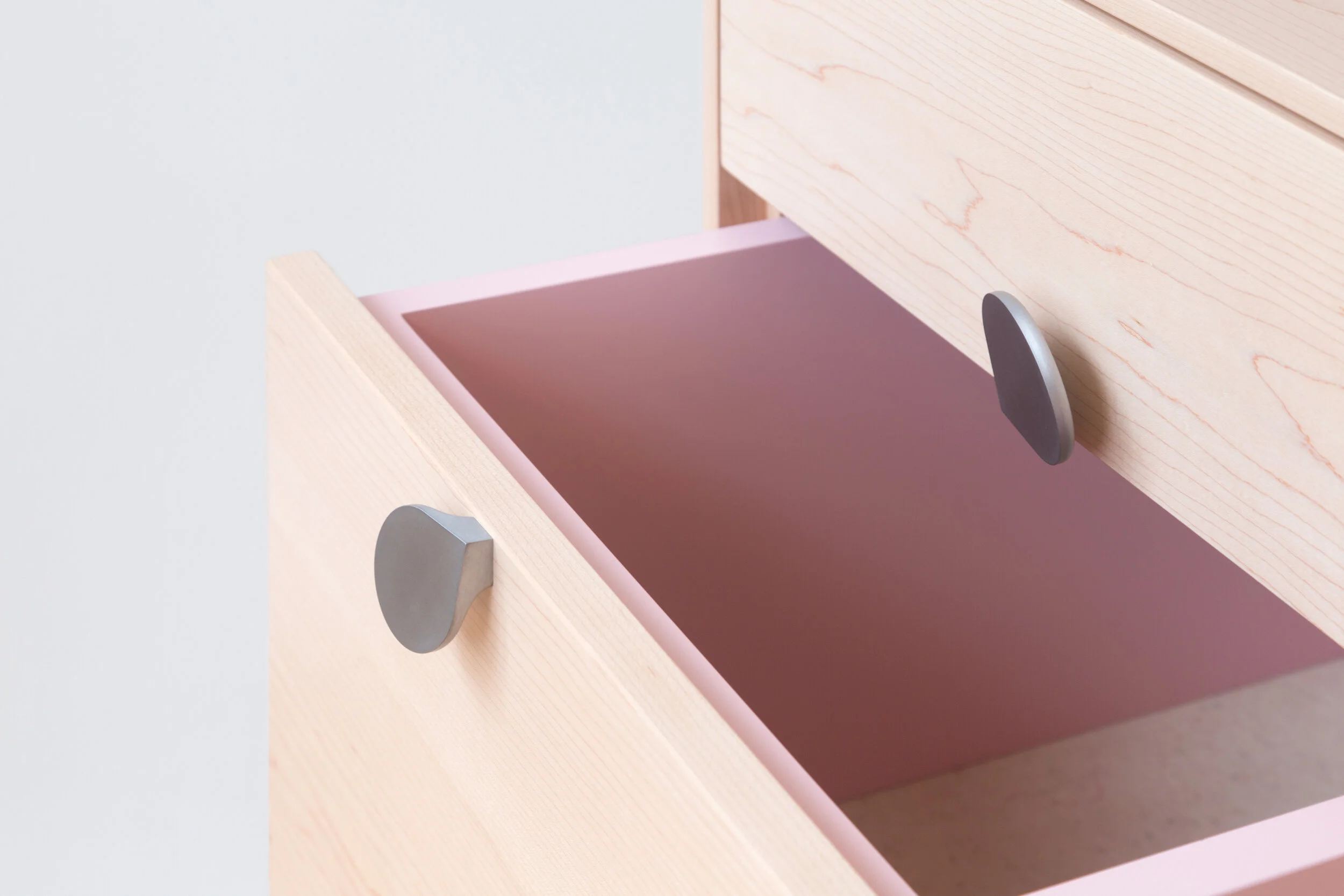 Petals Side Tables in Maple, Aluminum, Heather Pink Lacquer