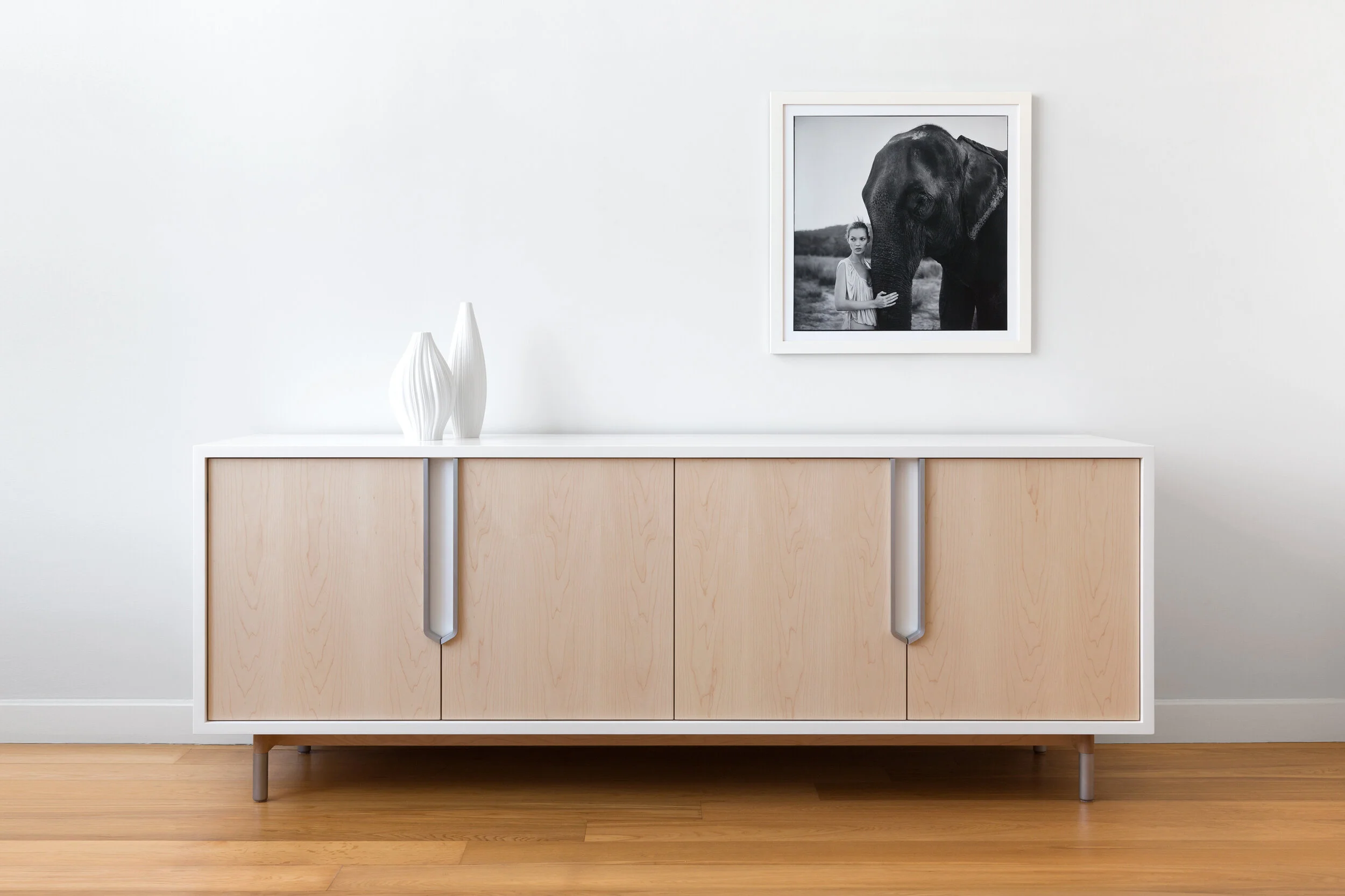 Halsey Prime Lacquered Credenza in White Lacquer, Maple with Aluminum 