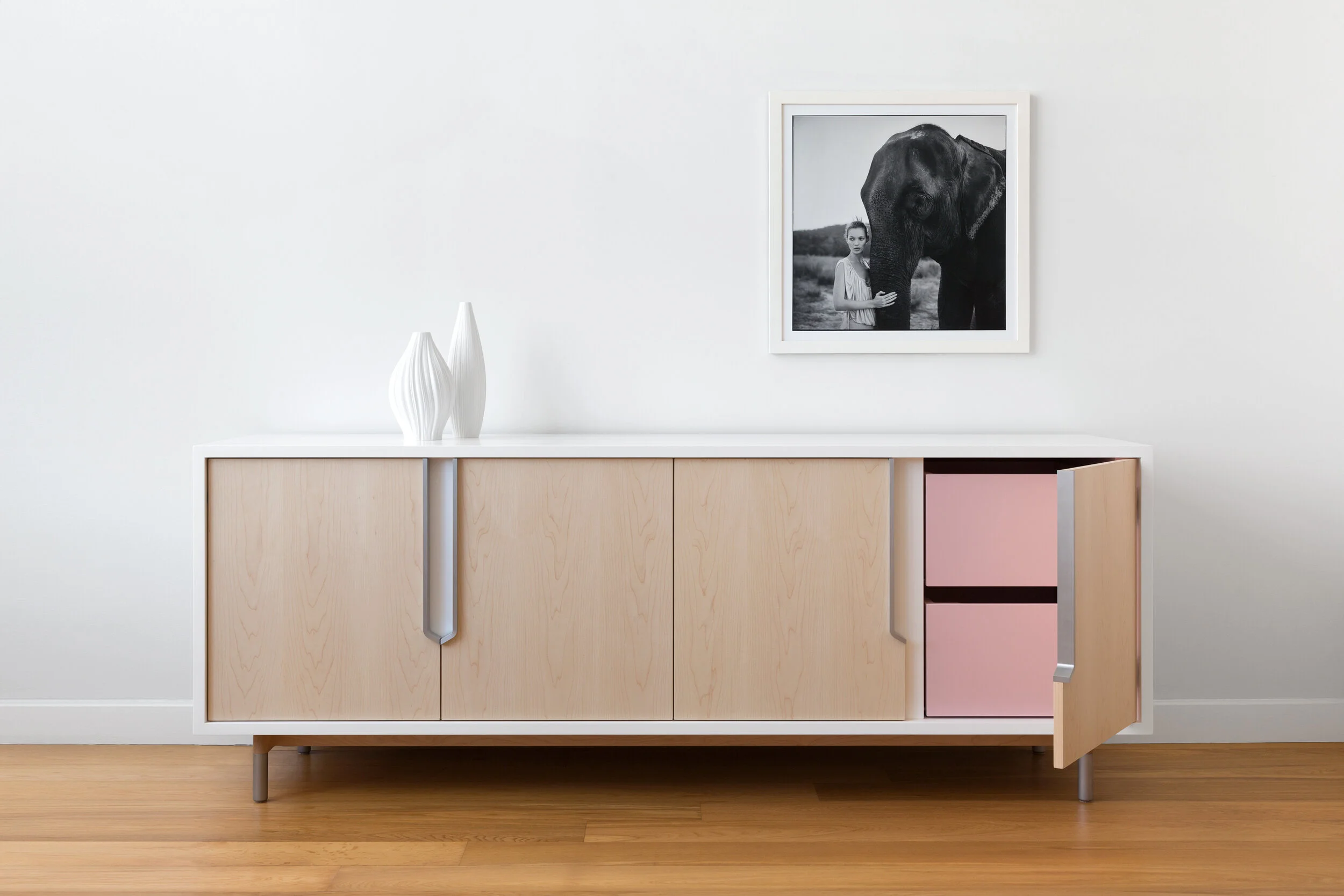 Halsey Prime Lacquered Credenza with Heather Pink Drawers, Aluminum Handles