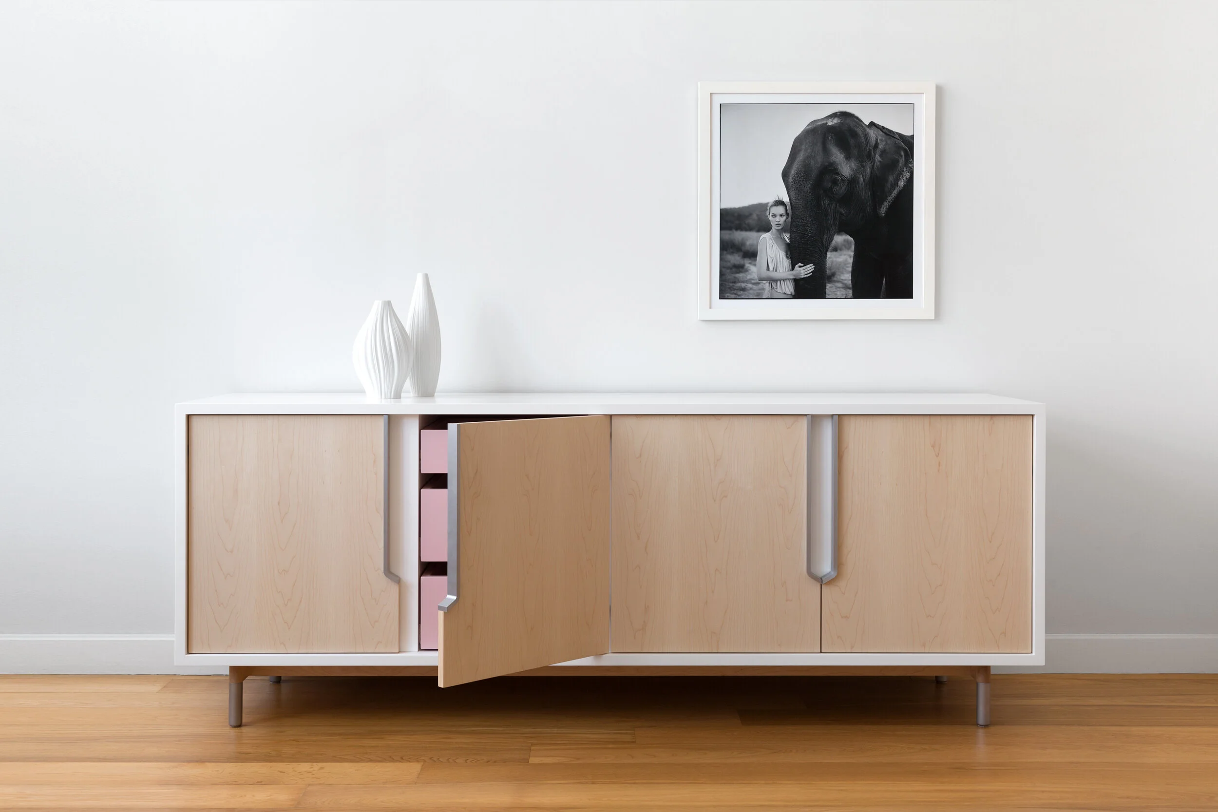 Halsey Prime Lacquered Credenza with Heather Pink Drawers, Aluminum Handles