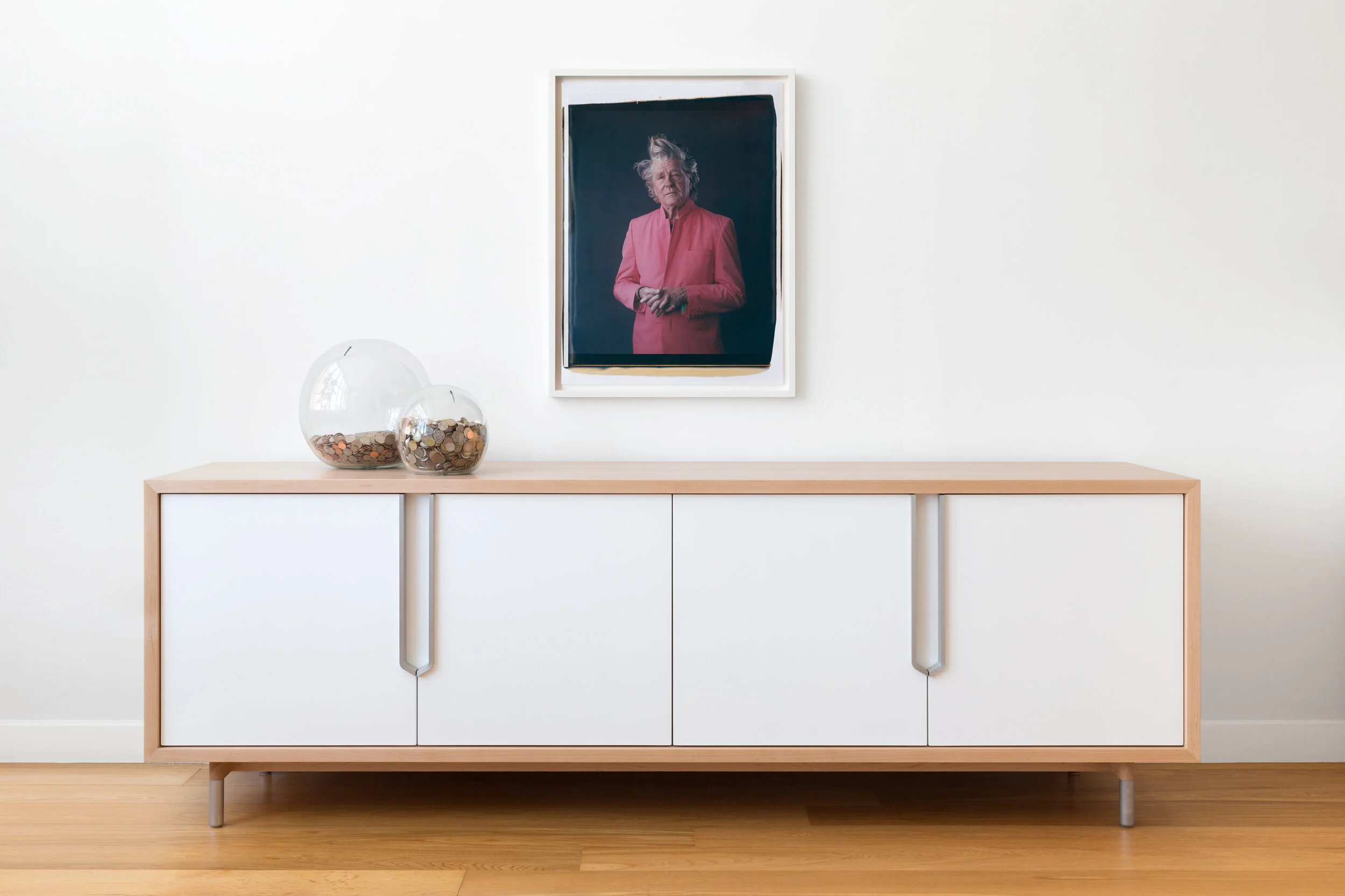 Halsey Prime Credenza in Maple, White Lacquer with Aluminum Handles and Sage Green Drawers and Shelves
