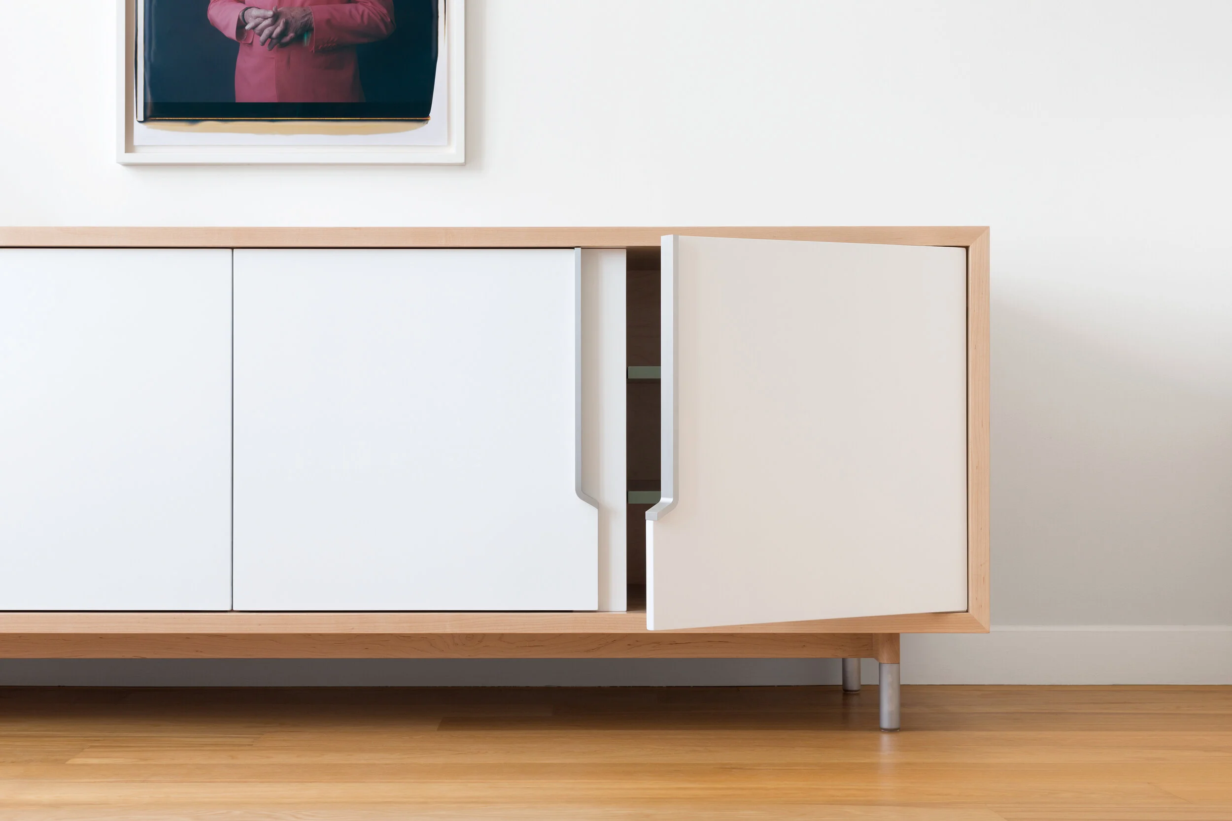 Halsey Prime Credenza in Maple, White Lacquer with Aluminum Handles and Sage Green Drawers and Shelves